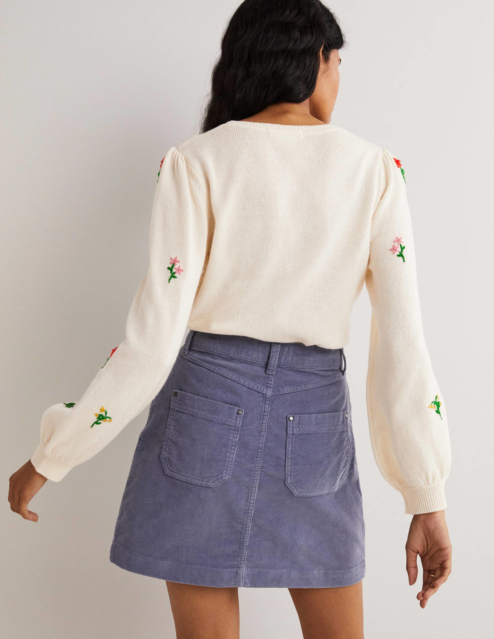 Embroidered Knitted Sweater-Warm Ivory, Flower Embroidery - Image 3