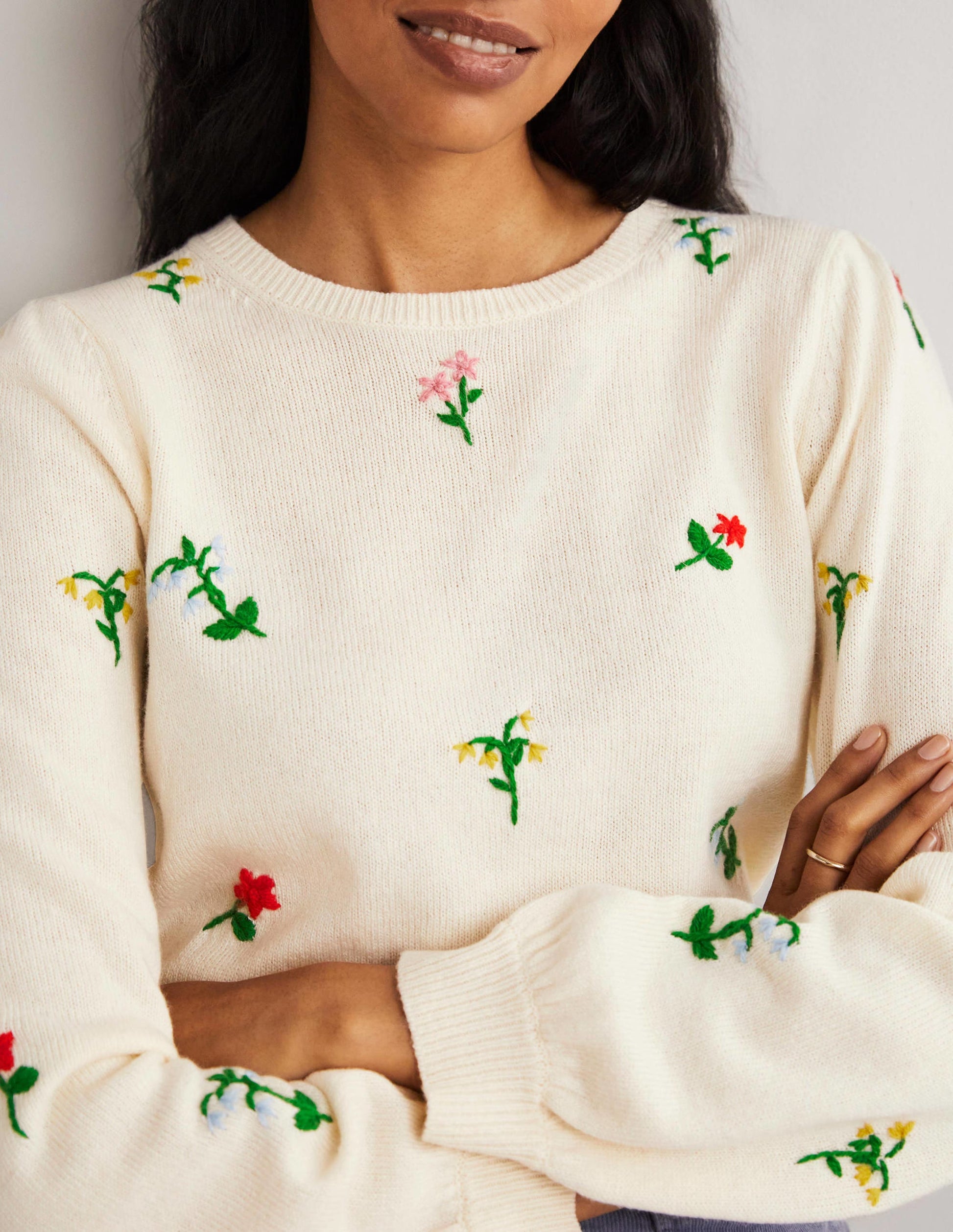 Embroidered Knitted Sweater-Warm Ivory, Flower Embroidery-4