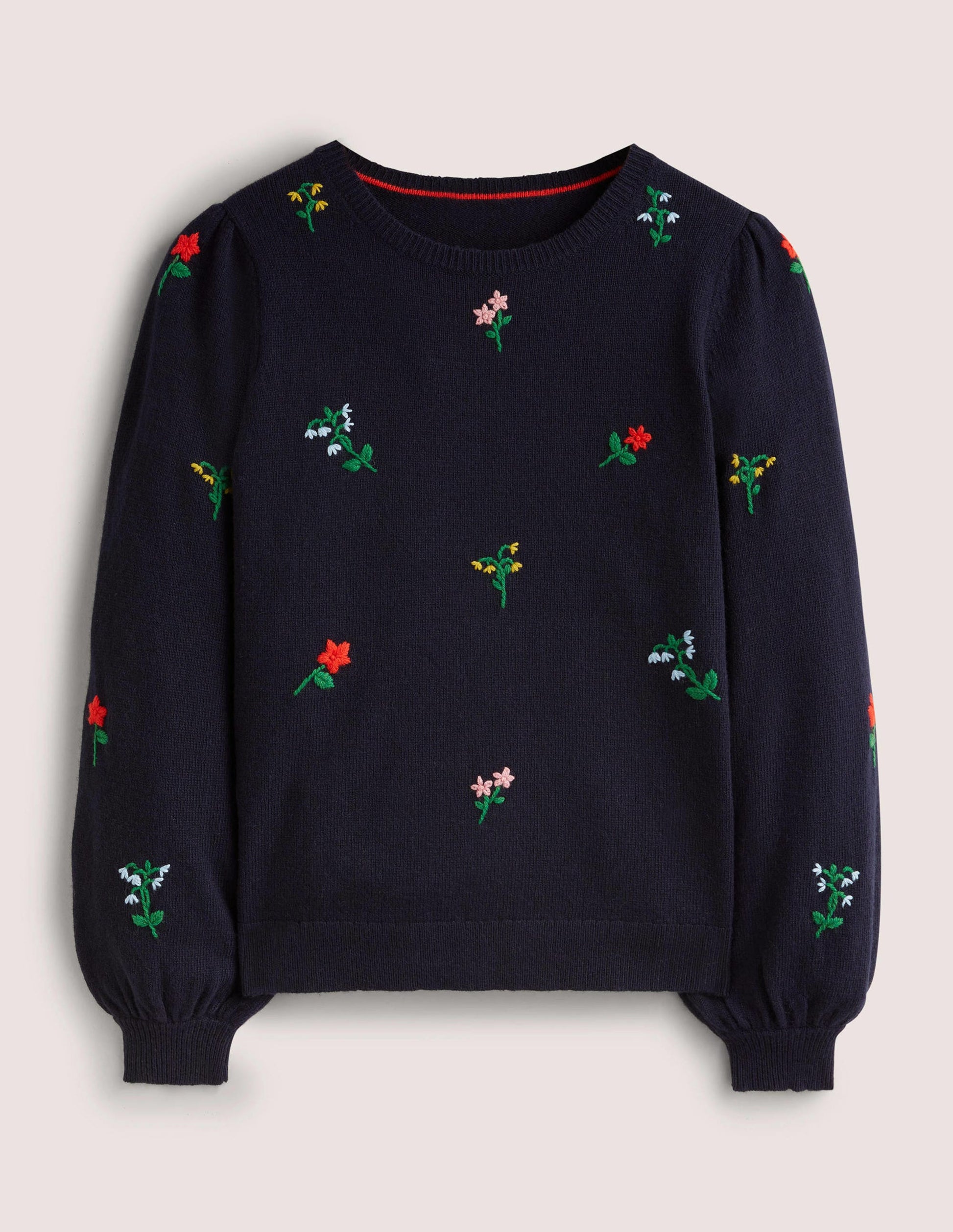Embroidered Knitted Sweater-Navy, Flower Embroidery-7