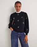 Embroidered Knitted Sweater-Navy, Flower Embroidery