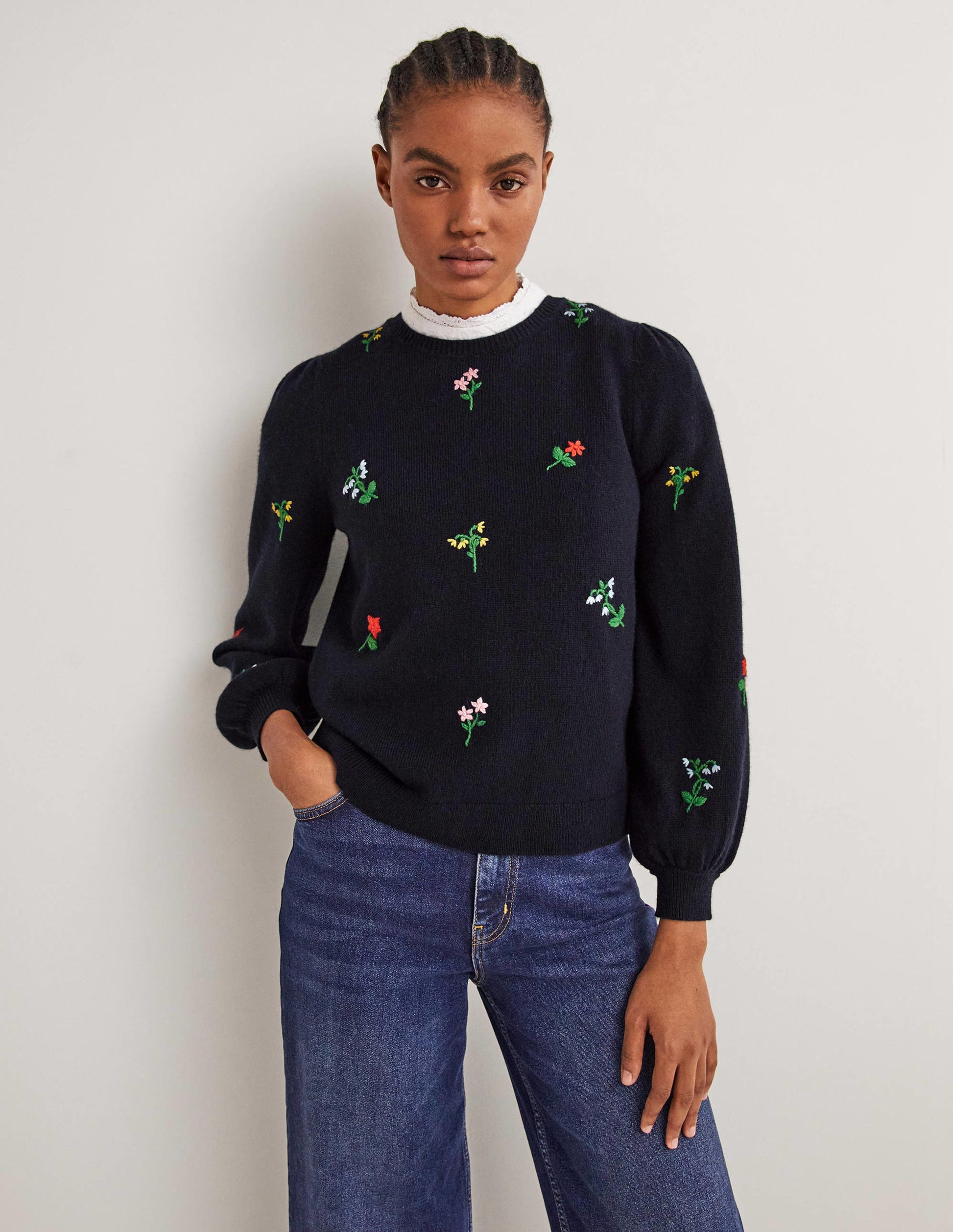 Embroidered Knitted Sweater-Navy, Flower Embroidery-1