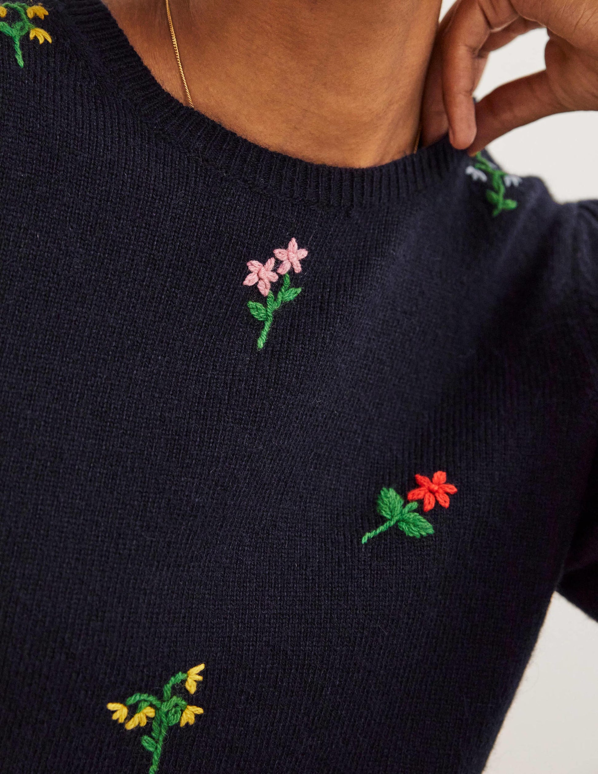Embroidered Knitted Sweater-Navy, Flower Embroidery-2