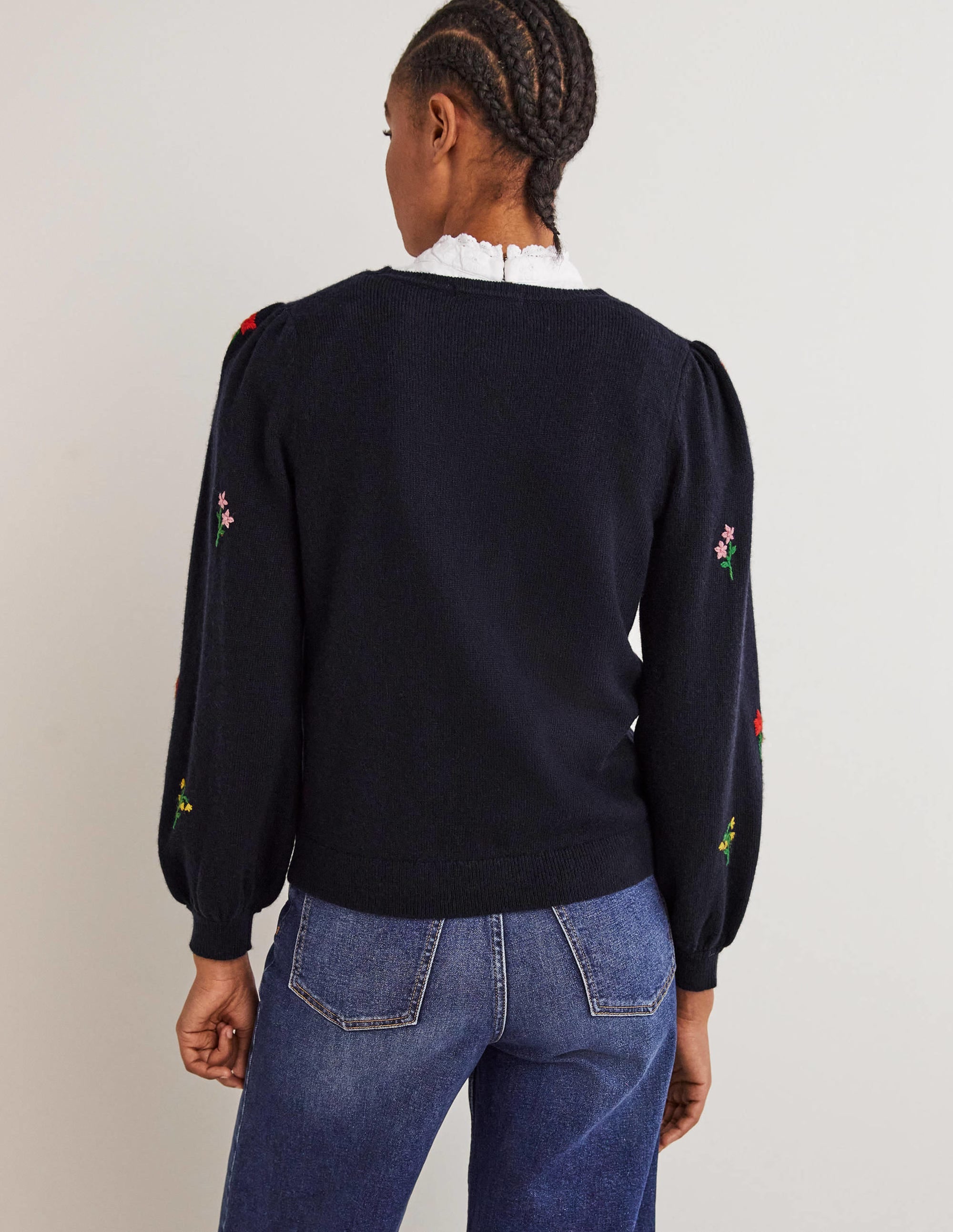 Embroidered Knitted Sweater-Navy, Flower Embroidery - Image 3