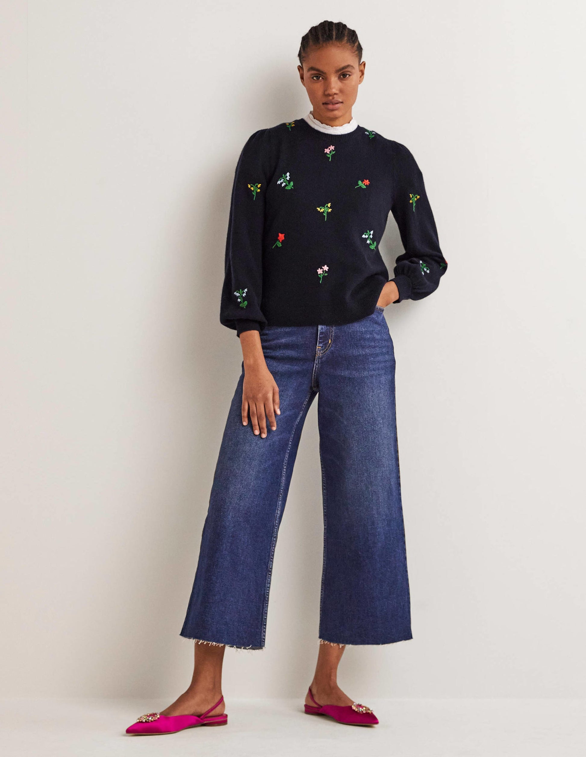 Embroidered Knitted Sweater-Navy, Flower Embroidery-4