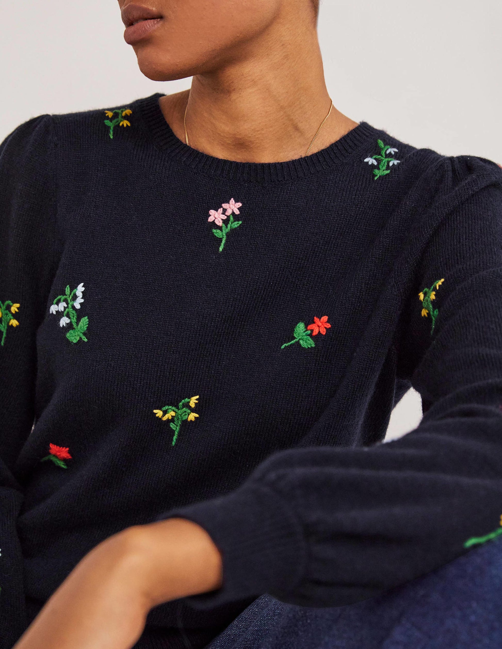 Embroidered Knitted Sweater-Navy, Flower Embroidery-5