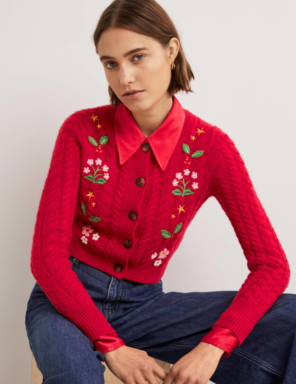 Embroidered Cropped Cardigan-Rockabilly Red Embroidery - Image 1