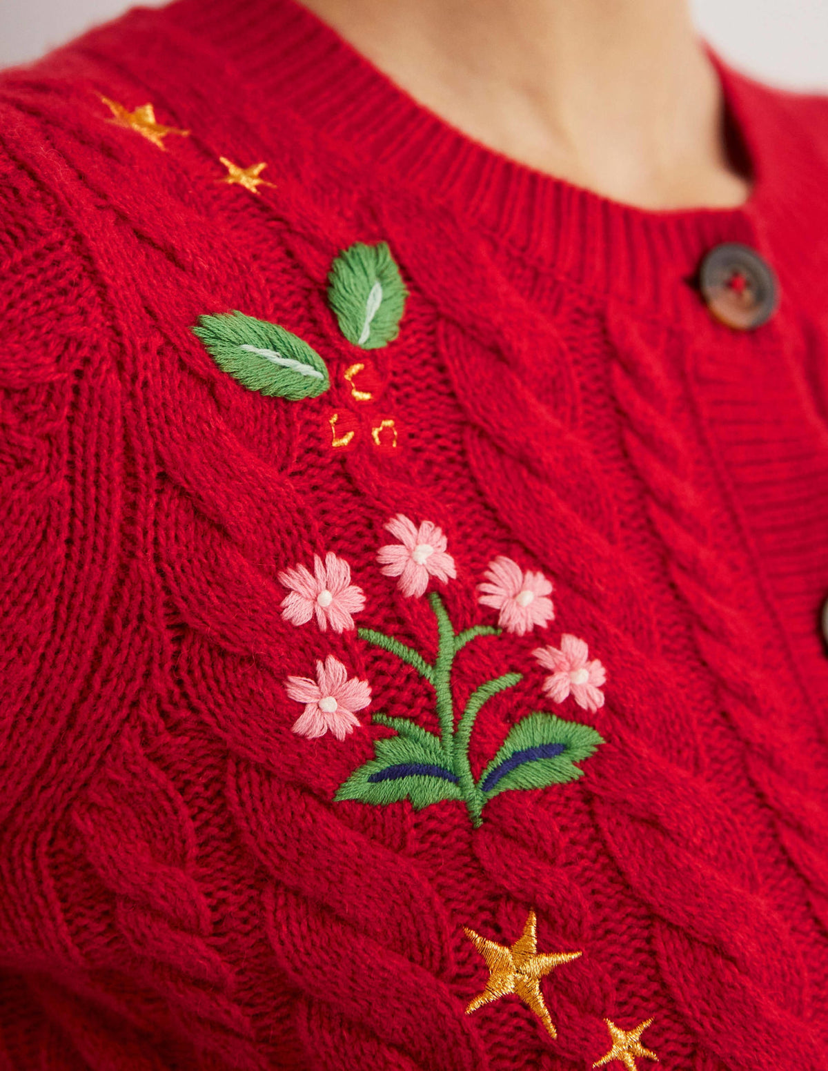 Embroidered Cropped Cardigan-Rockabilly Red Embroidery-2