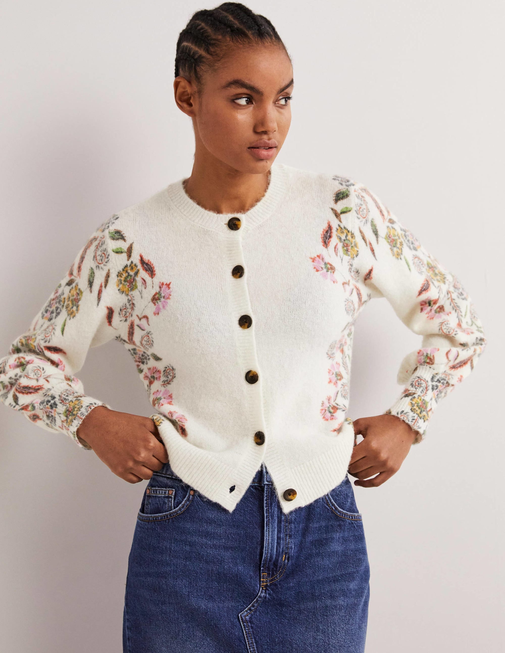 Printed Fluffy Cardigan-Ivory, Blossom Pomme - Image 5