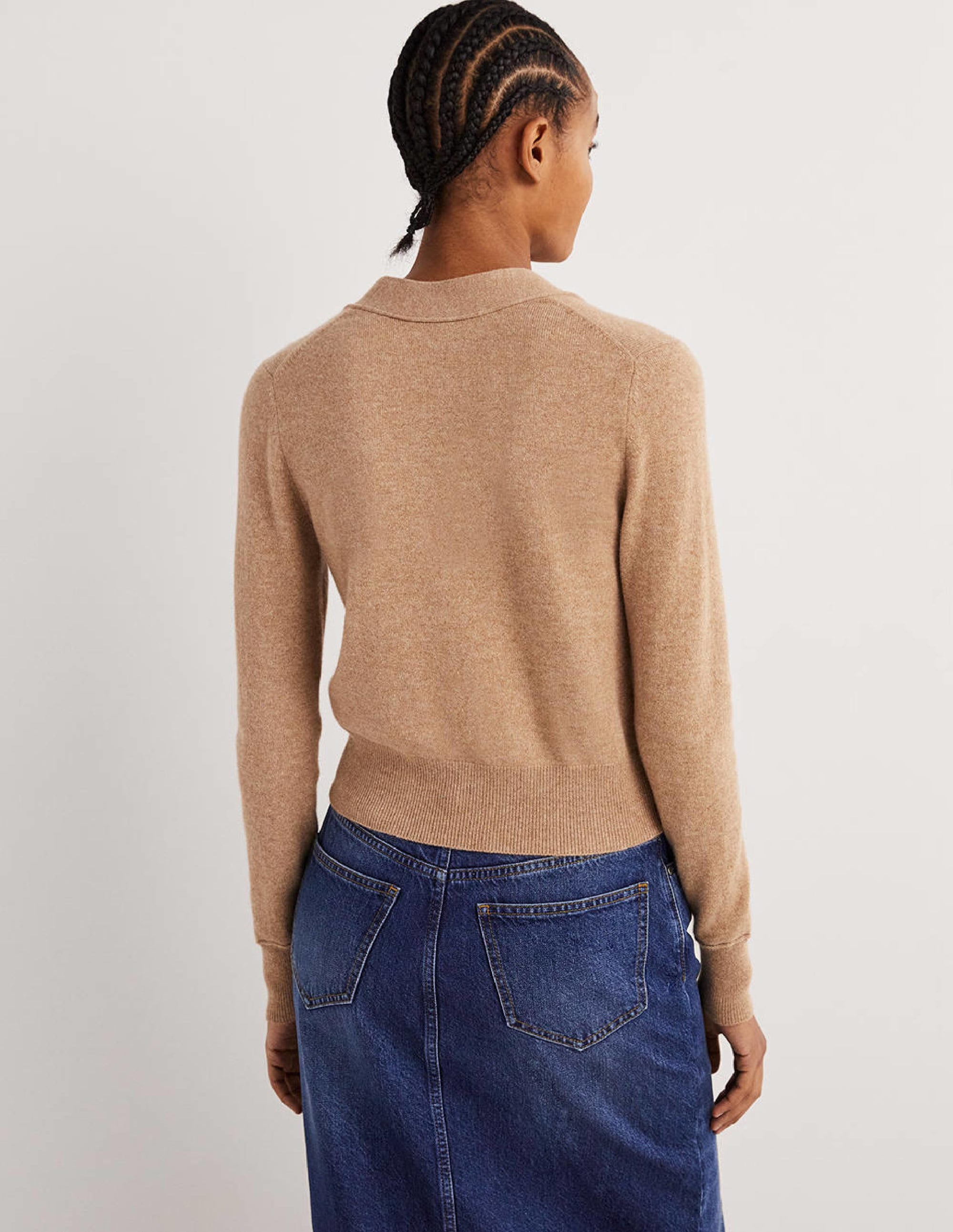Cropped Cashmere V Cardigan-Camel Melange - Image 3