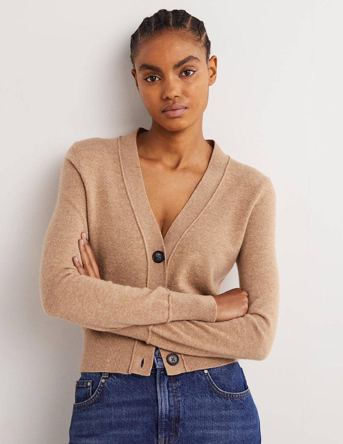 Cropped Cashmere V Cardigan-Camel Melange - Image 5