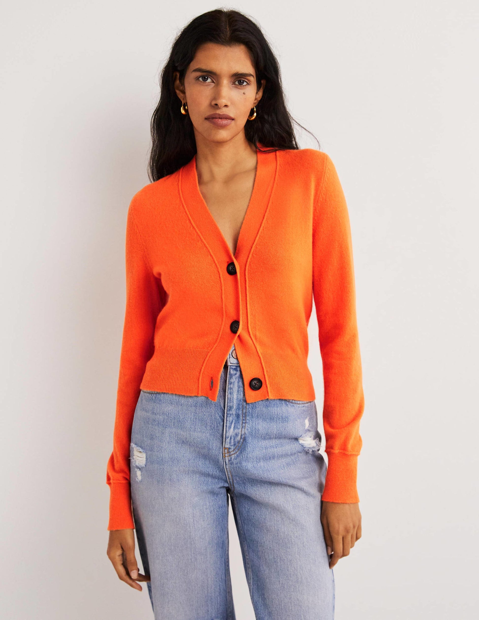 Cropped Cashmere V Cardigan-Neon Orange-1