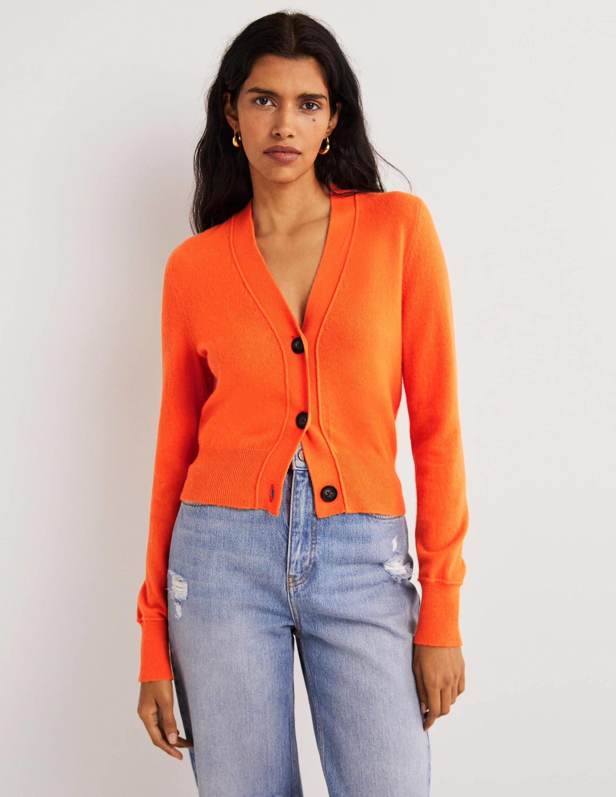 Cropped Cashmere V Cardigan-Neon Orange - Image 1