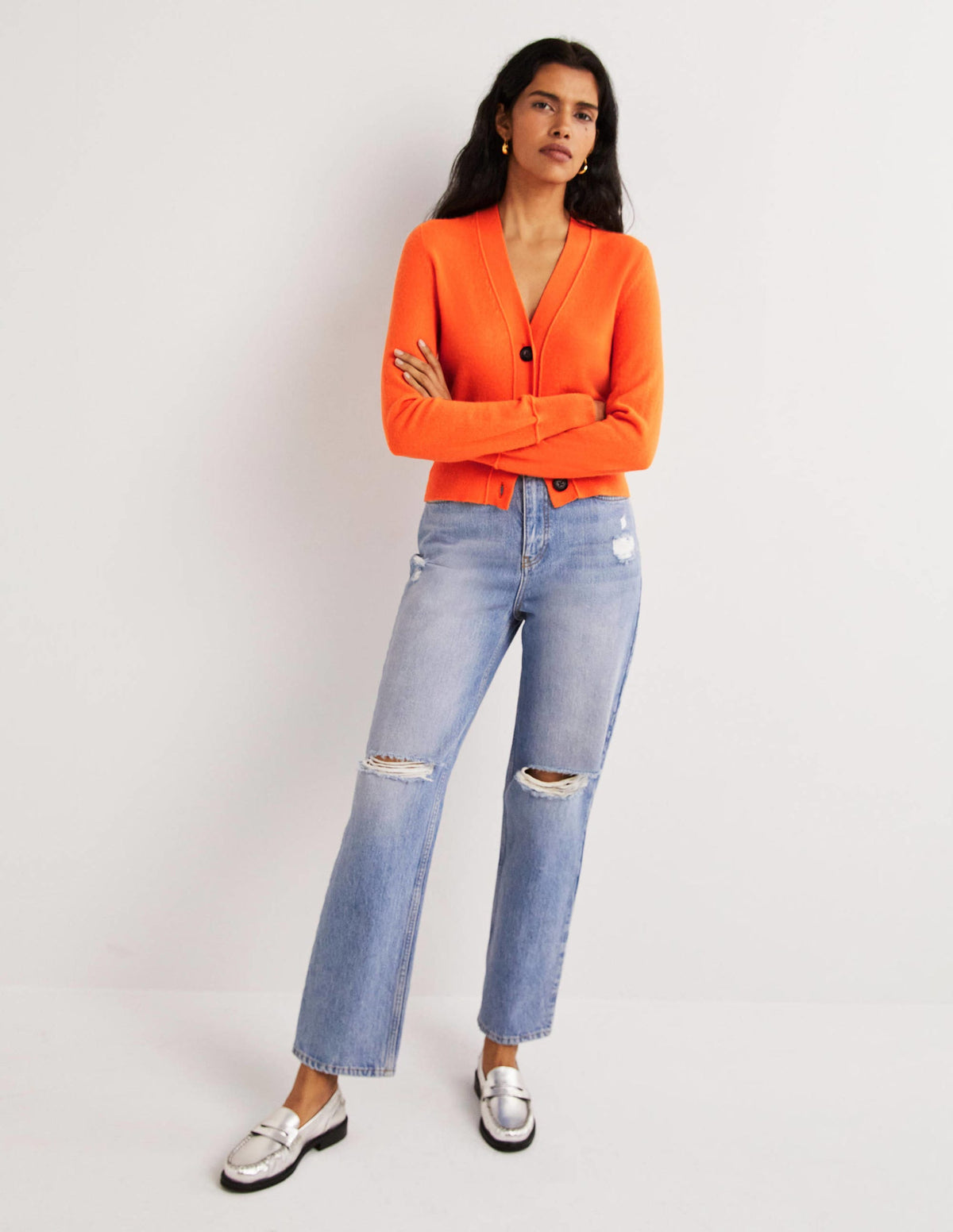 Cropped Cashmere V Cardigan-Neon Orange-4