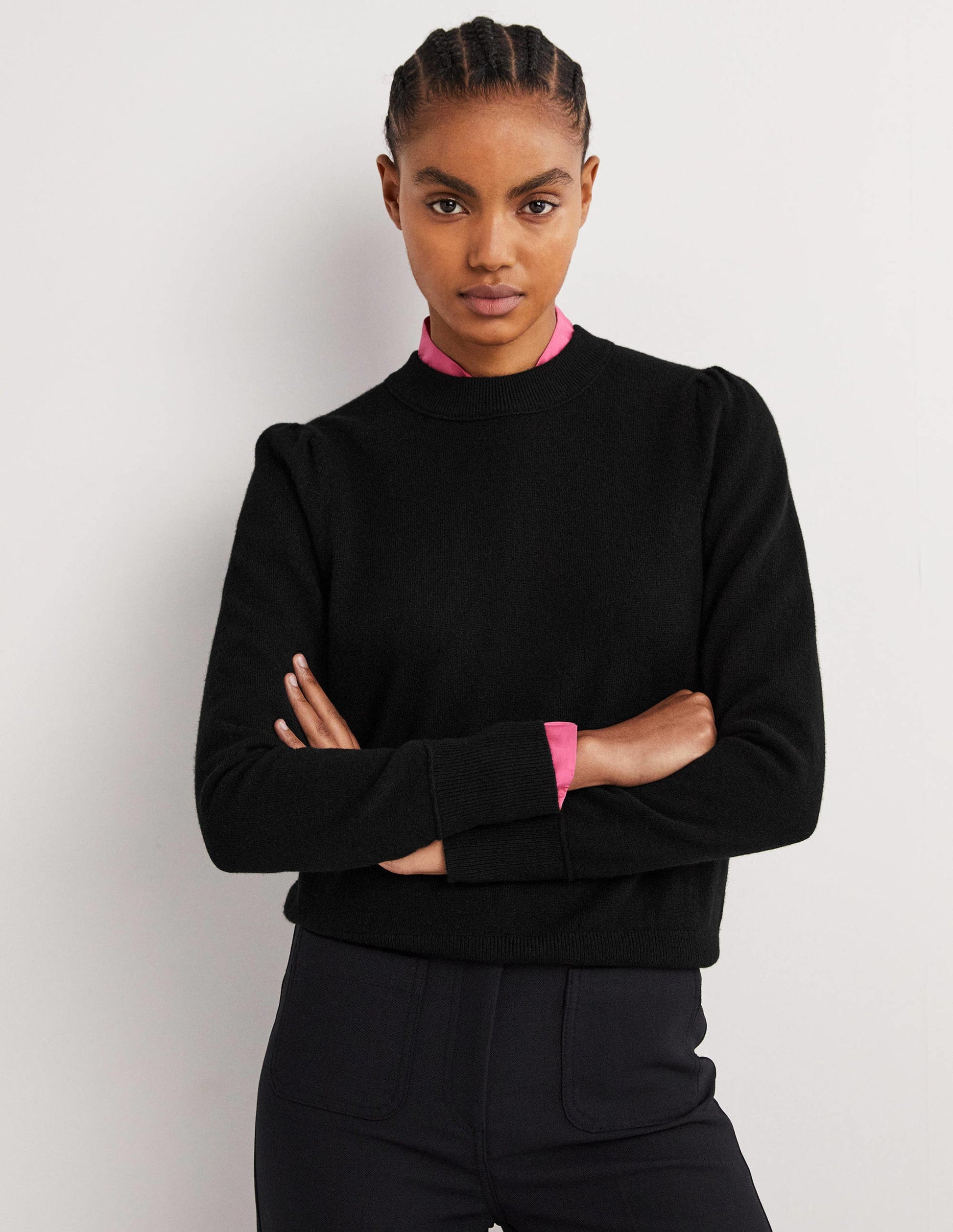 Cashmere Puff Shoulder Sweater-Black-1