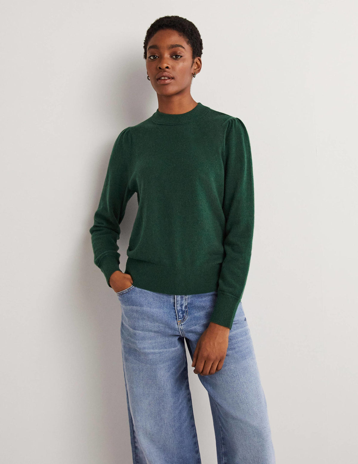Cashmere Puff Shoulder Sweater-Hunter Green Melange-1