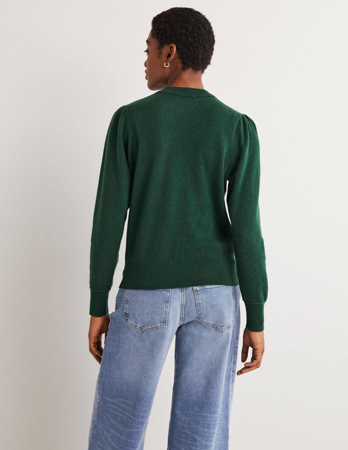 Cashmere Puff Shoulder Sweater-Hunter Green Melange-3
