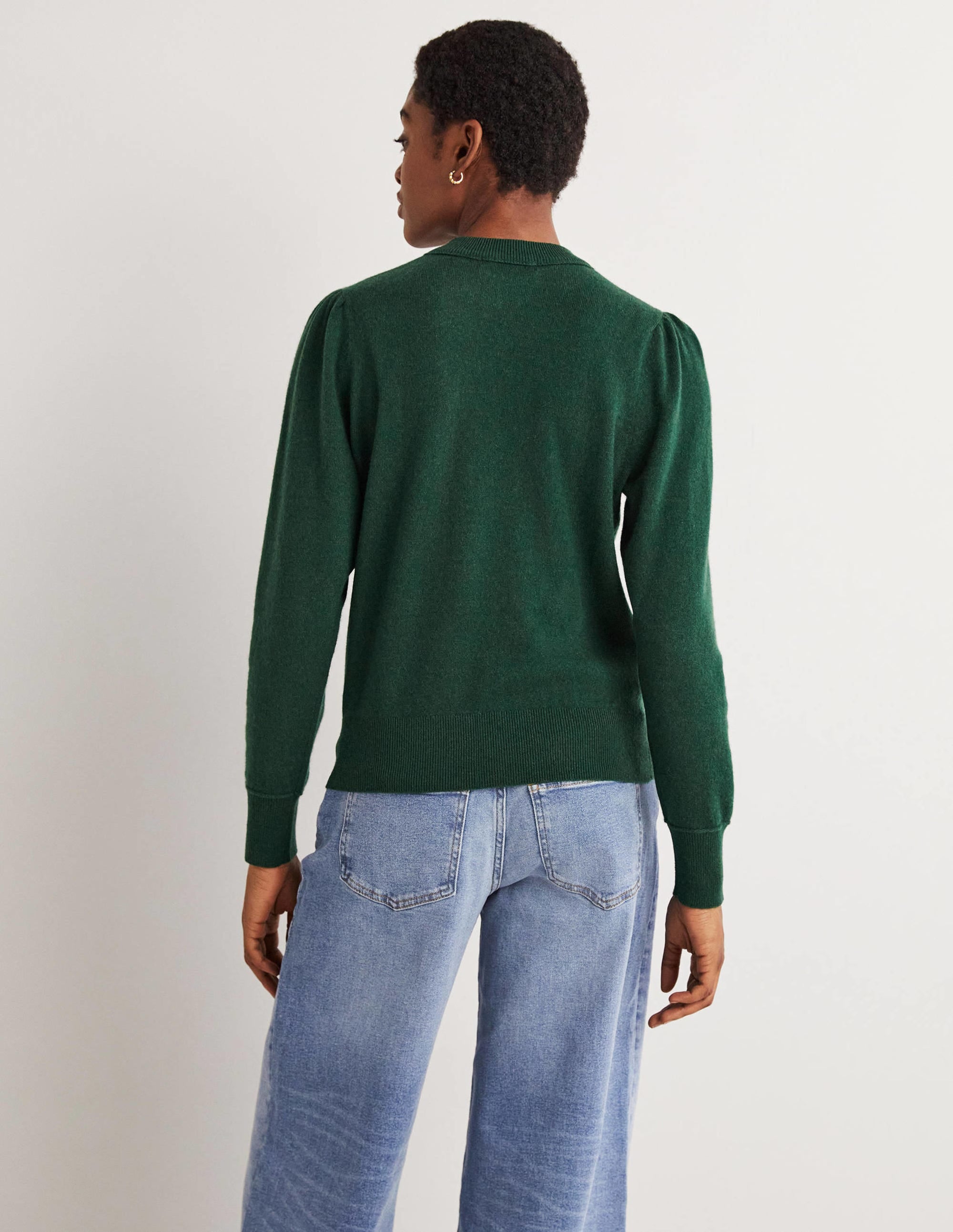 Cashmere Puff Shoulder Sweater-Hunter Green Melange - Image 3