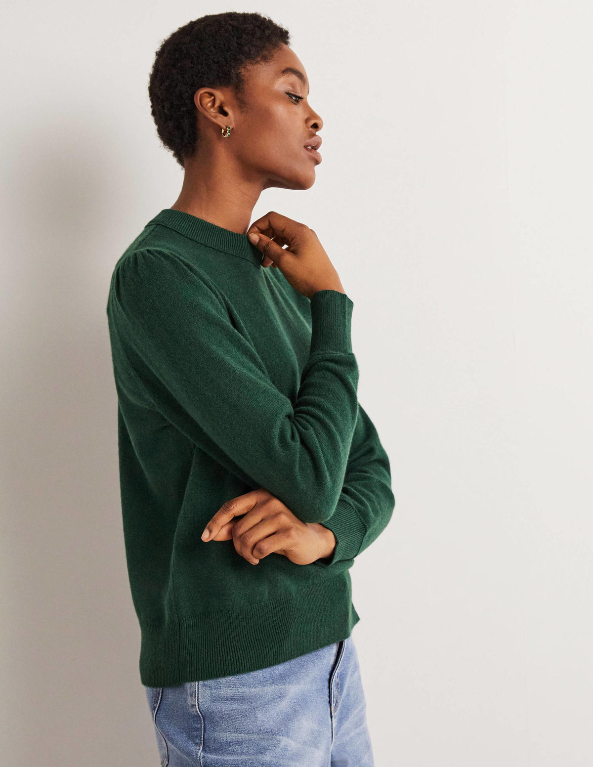 Cashmere Puff Shoulder Sweater-Hunter Green Melange - Image 4