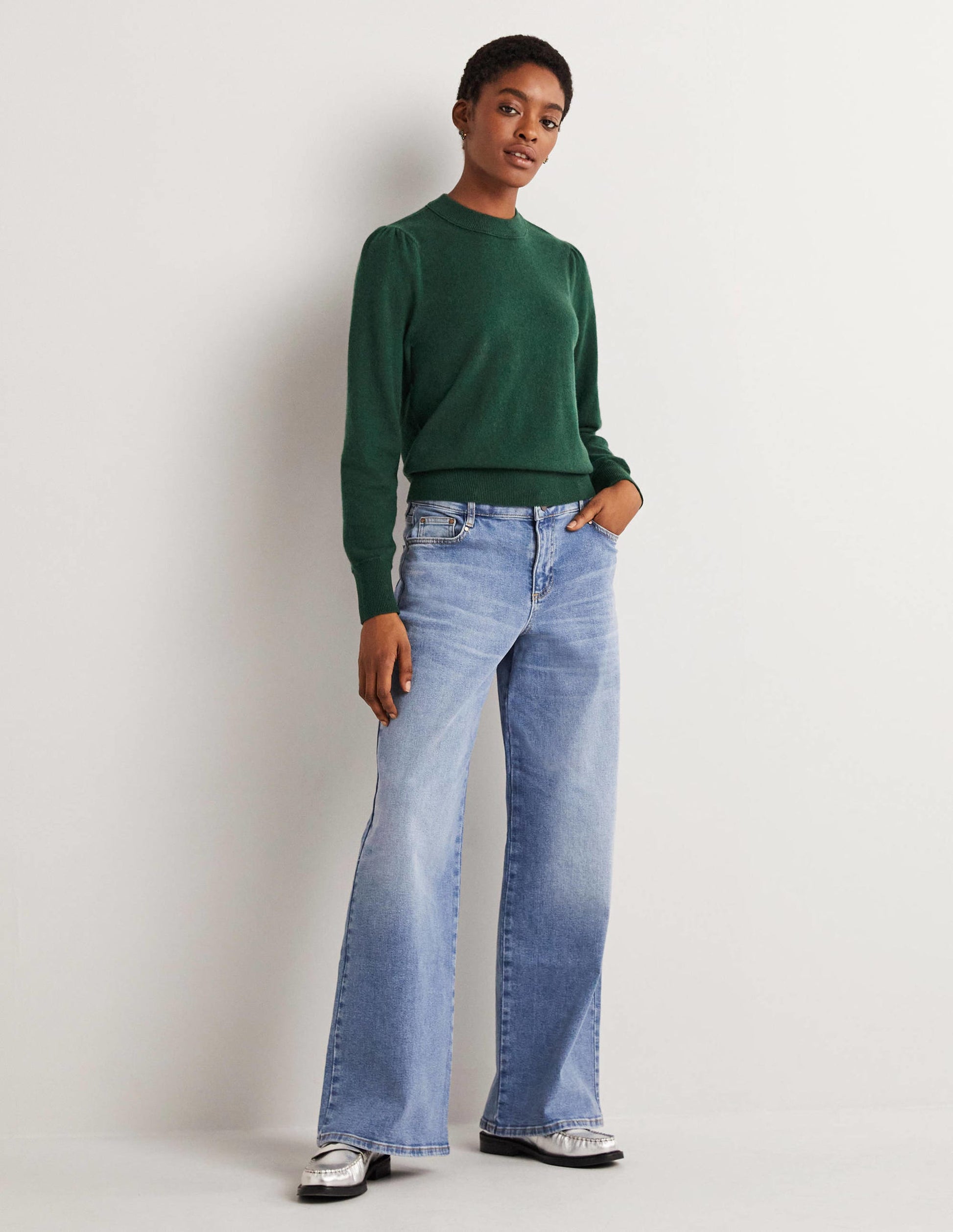 Cashmere Puff Shoulder Sweater-Hunter Green Melange-5
