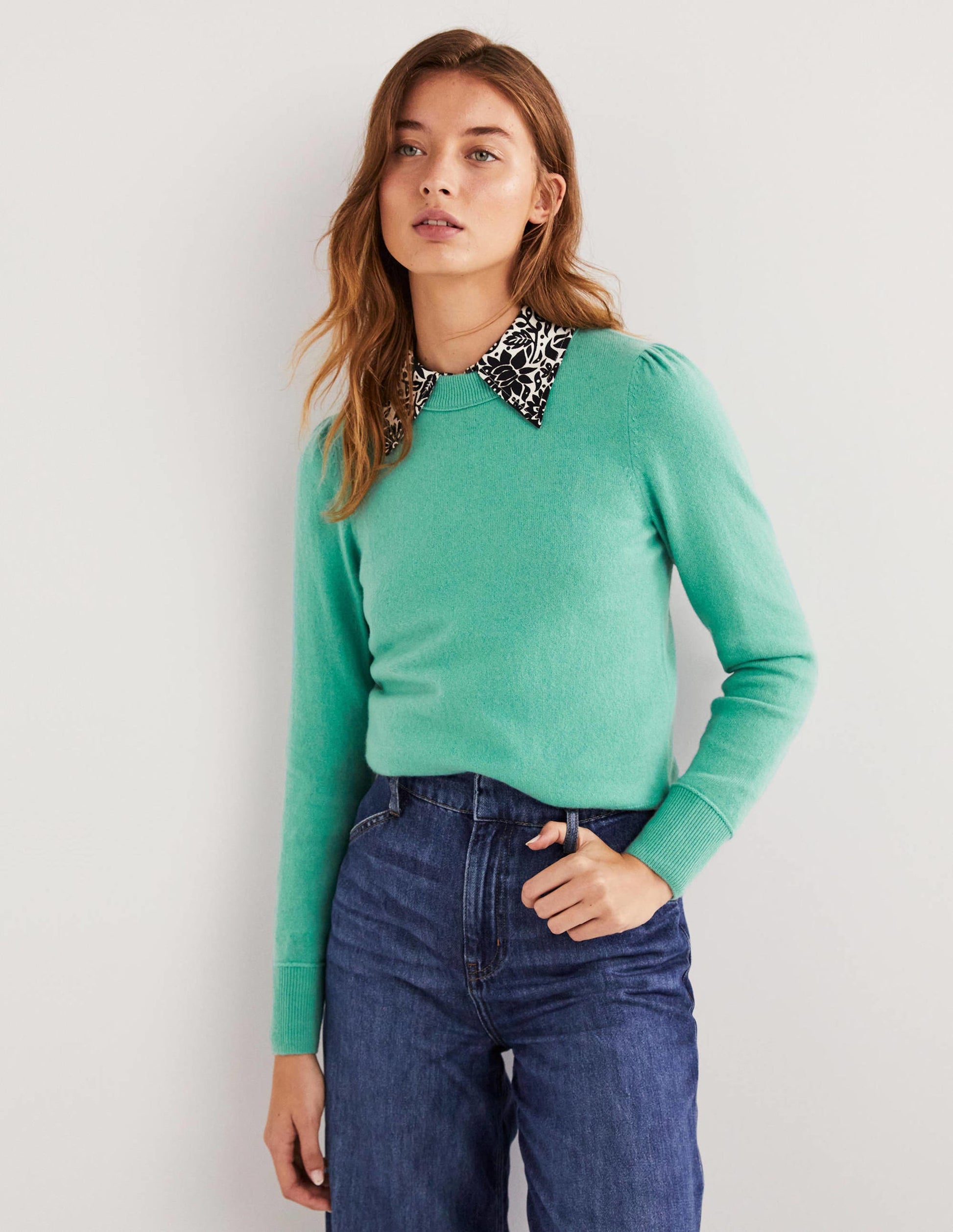 Cashmere Puff Shoulder Sweater-Indian Ocean Melange-4