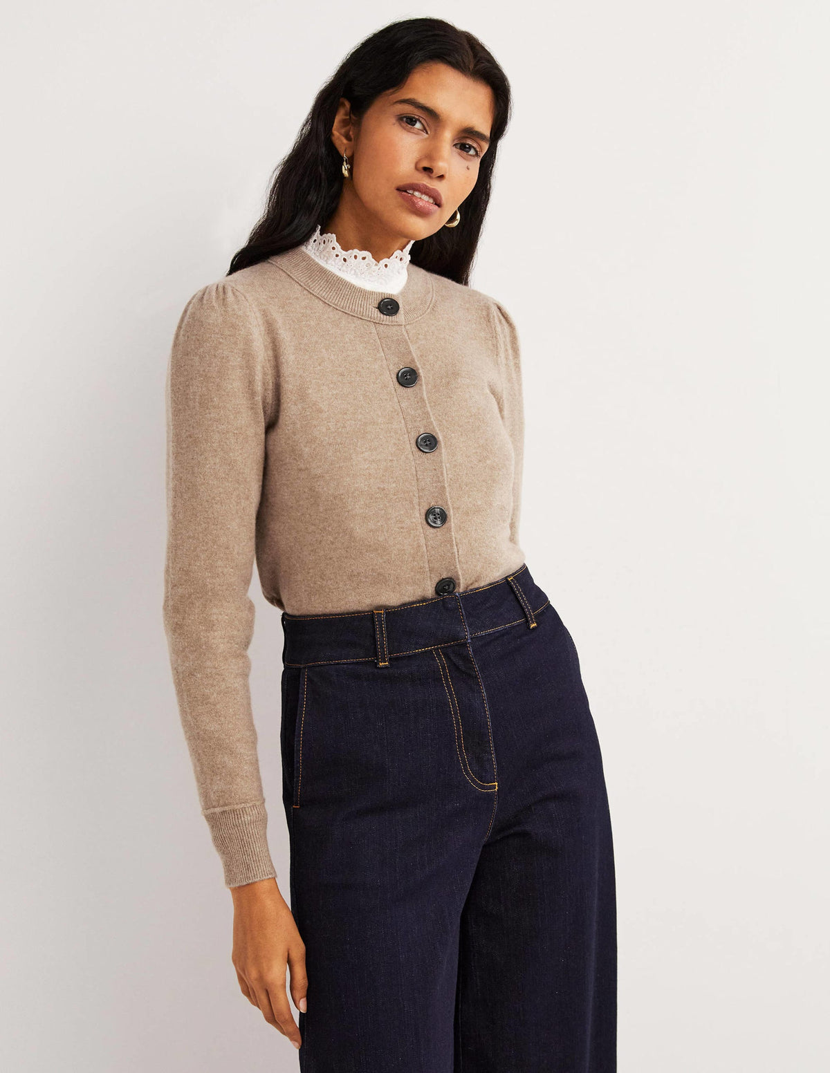 Cashmere Crew Neck Cardigan-Camel Melange-1