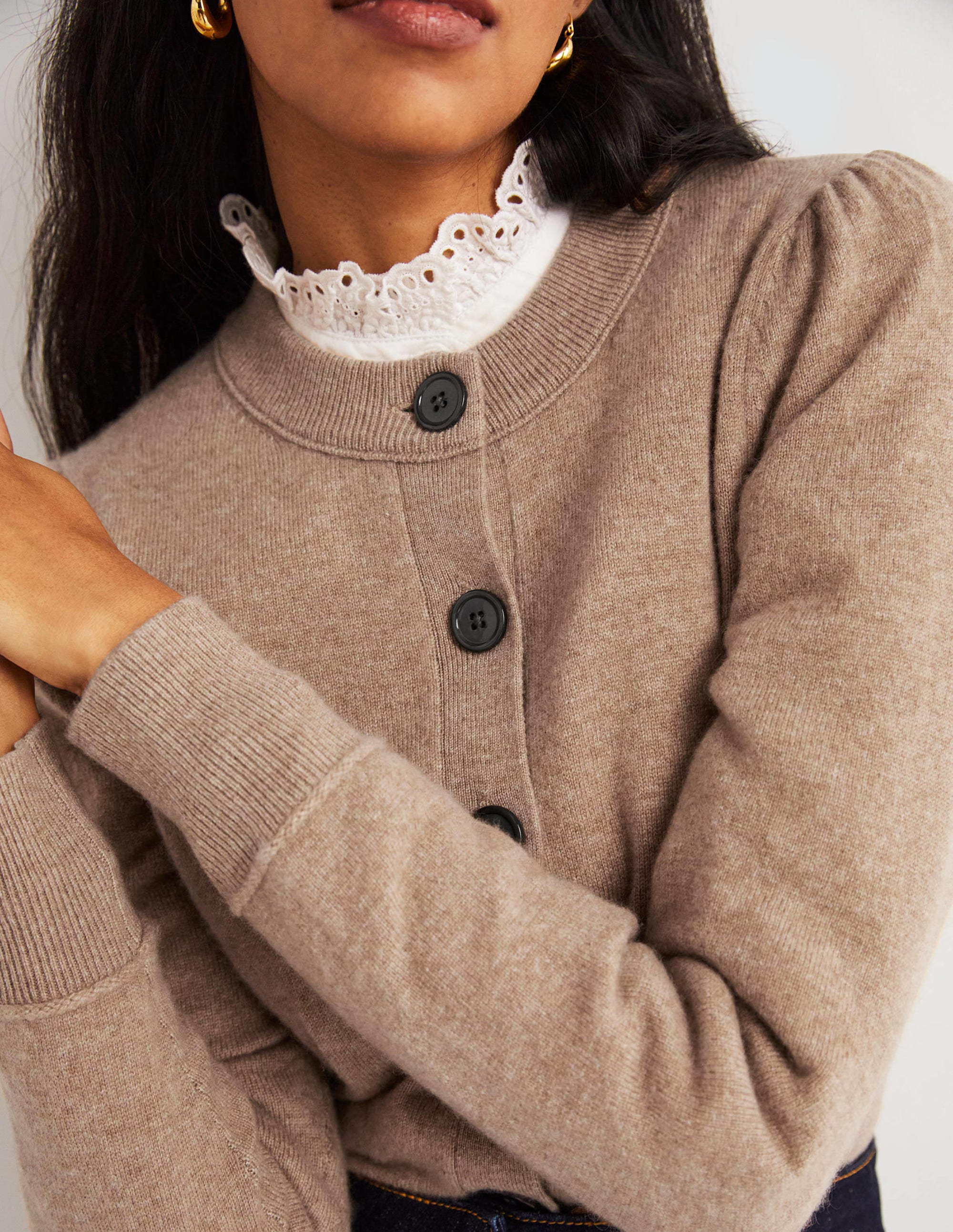 Cashmere Crew Neck Cardigan-Camel Melange - Image 2