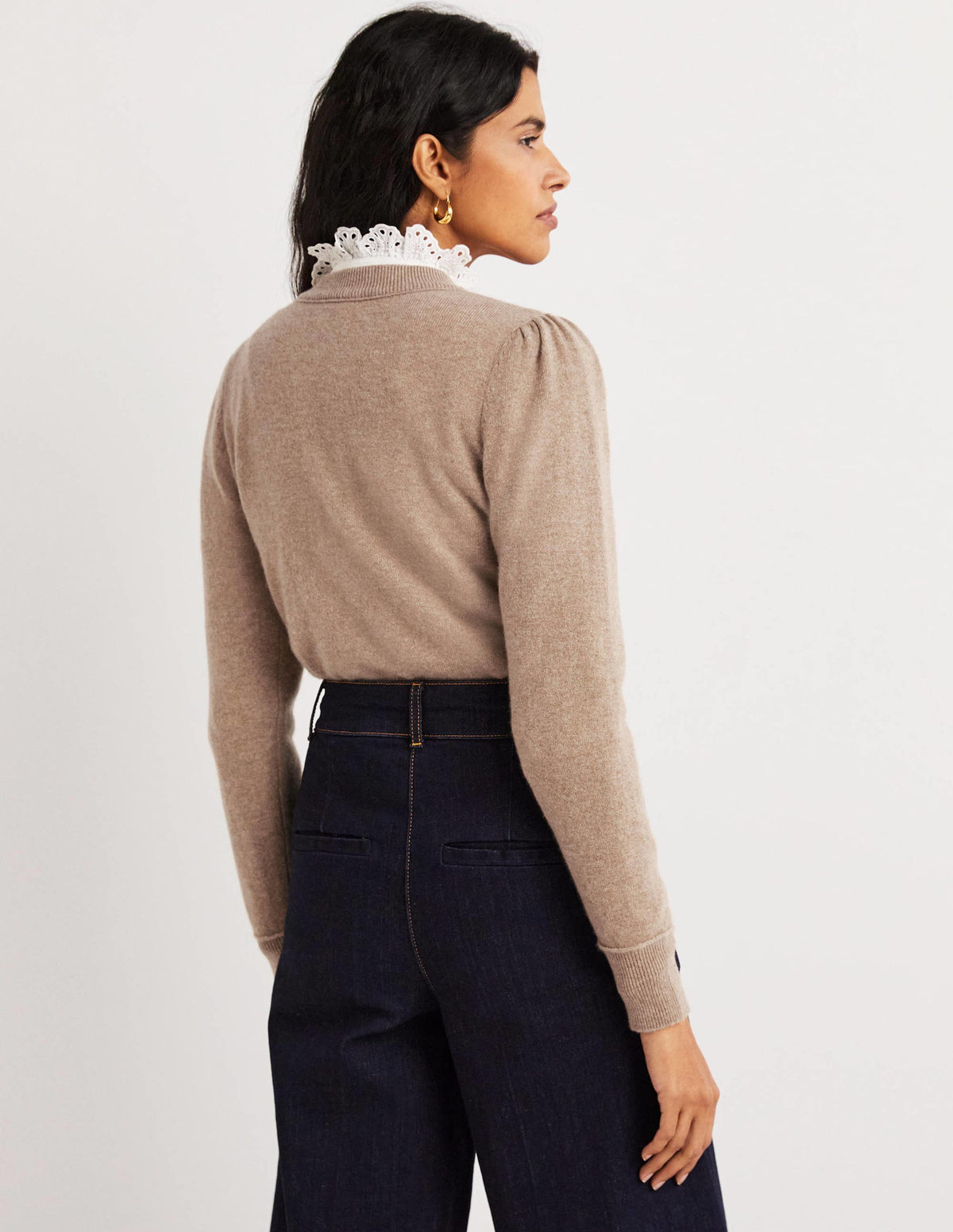 Cashmere Crew Neck Cardigan-Camel Melange - Image 3