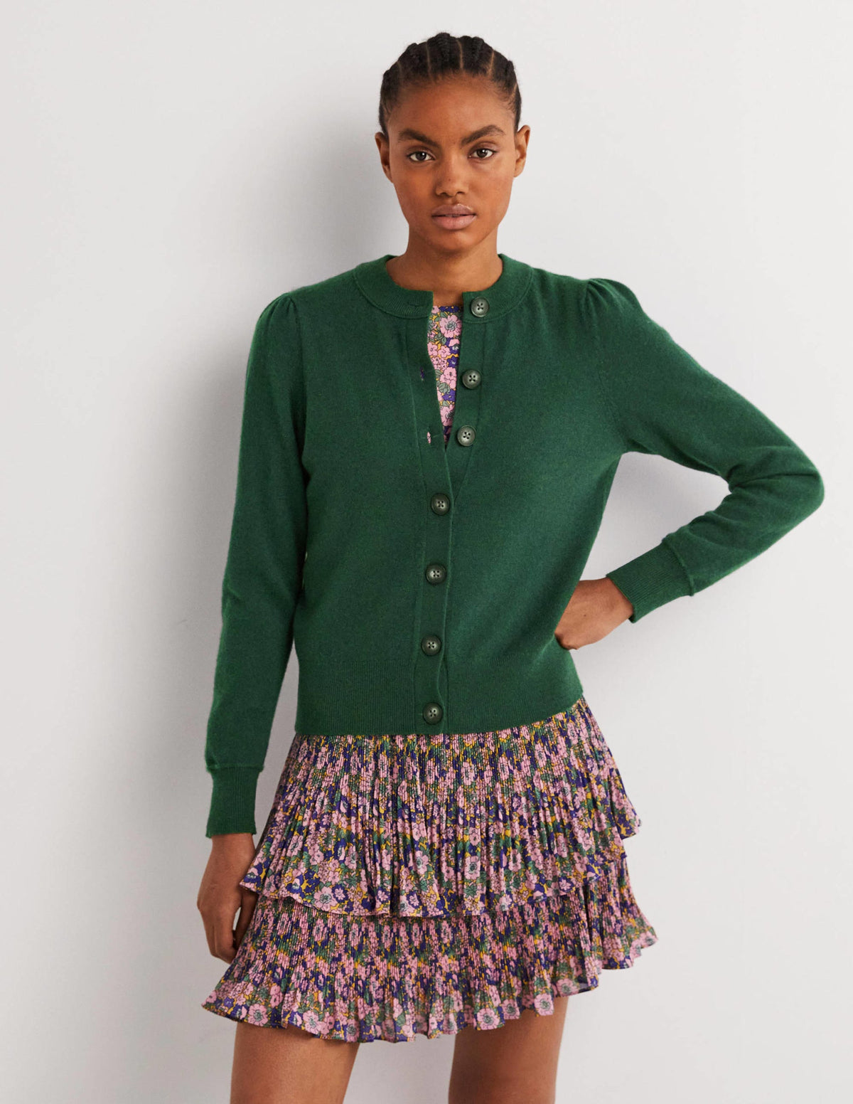 Cashmere Crew Neck Cardigan-Hunter Green Melange-1