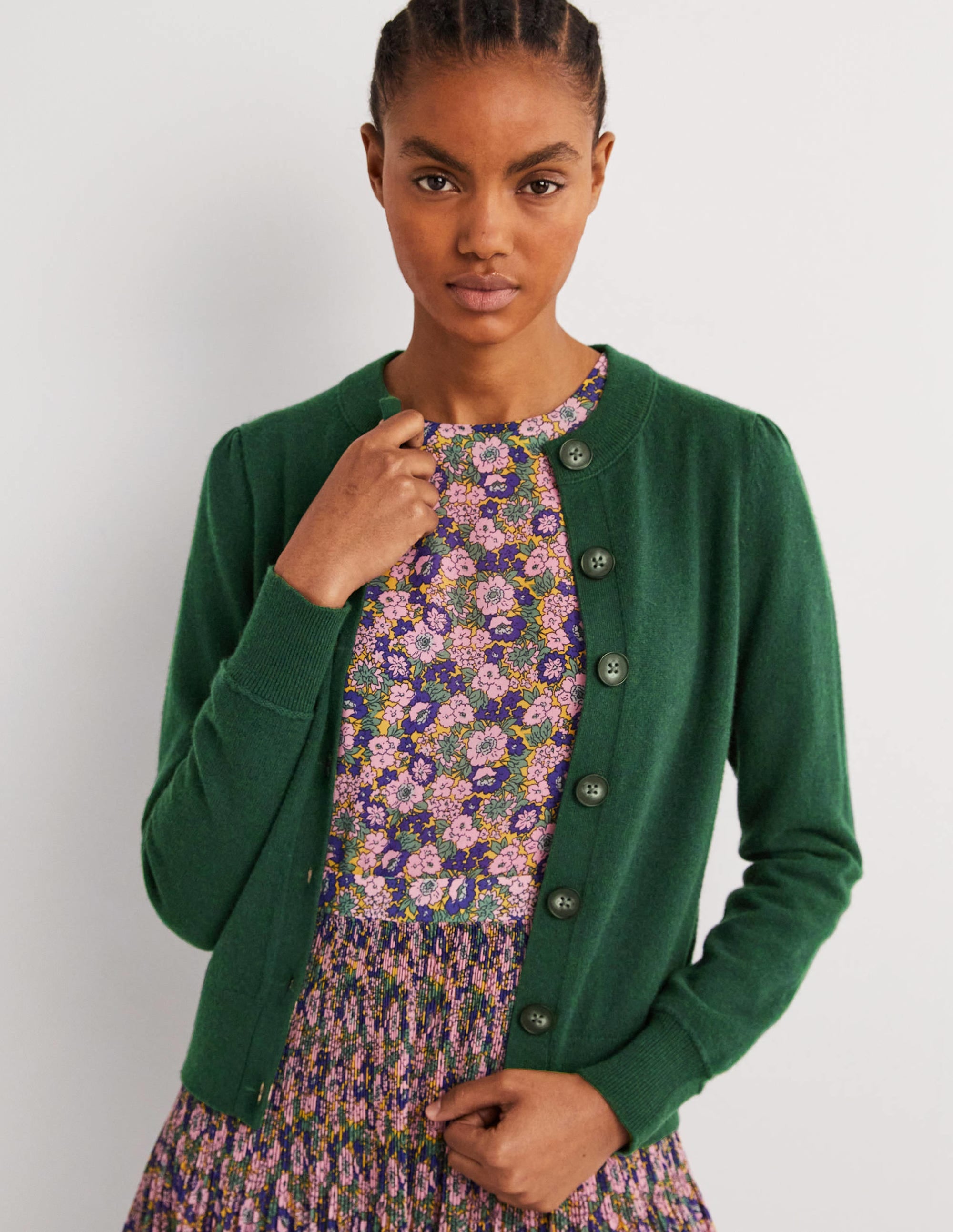 Cashmere Crew Neck Cardigan-Hunter Green Melange - Image 4