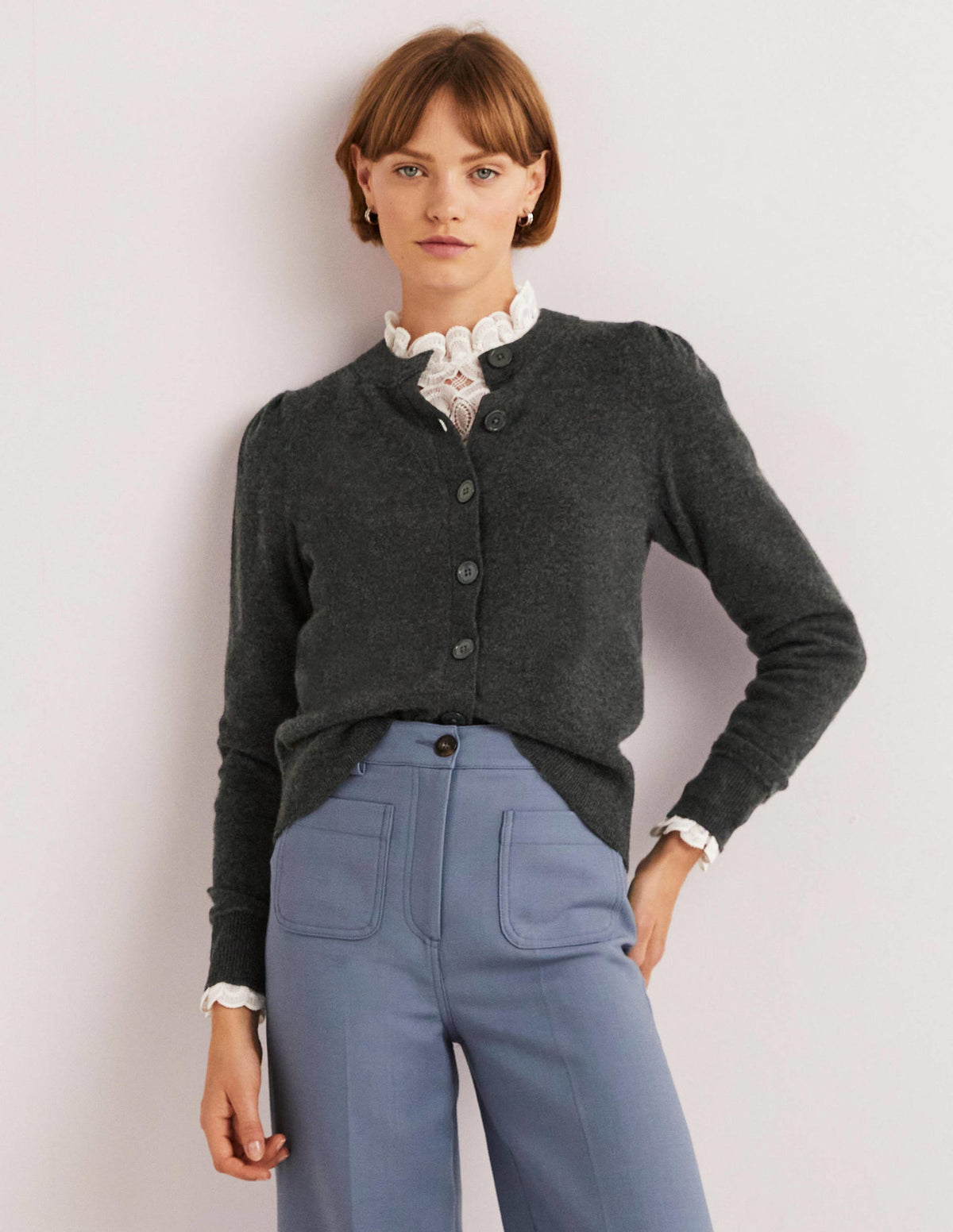 Cashmere Crew Neck Cardigan-Charcoal Melange-1