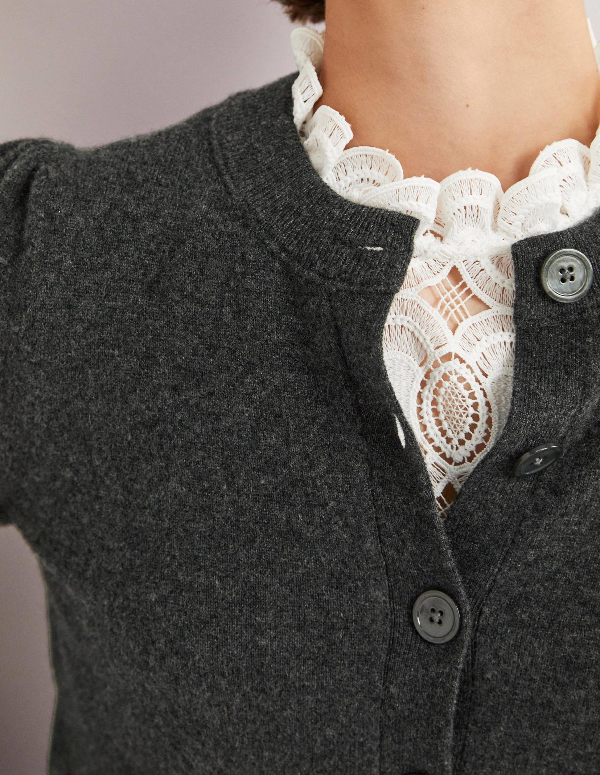 Cashmere Crew Neck Cardigan-Charcoal Melange-2