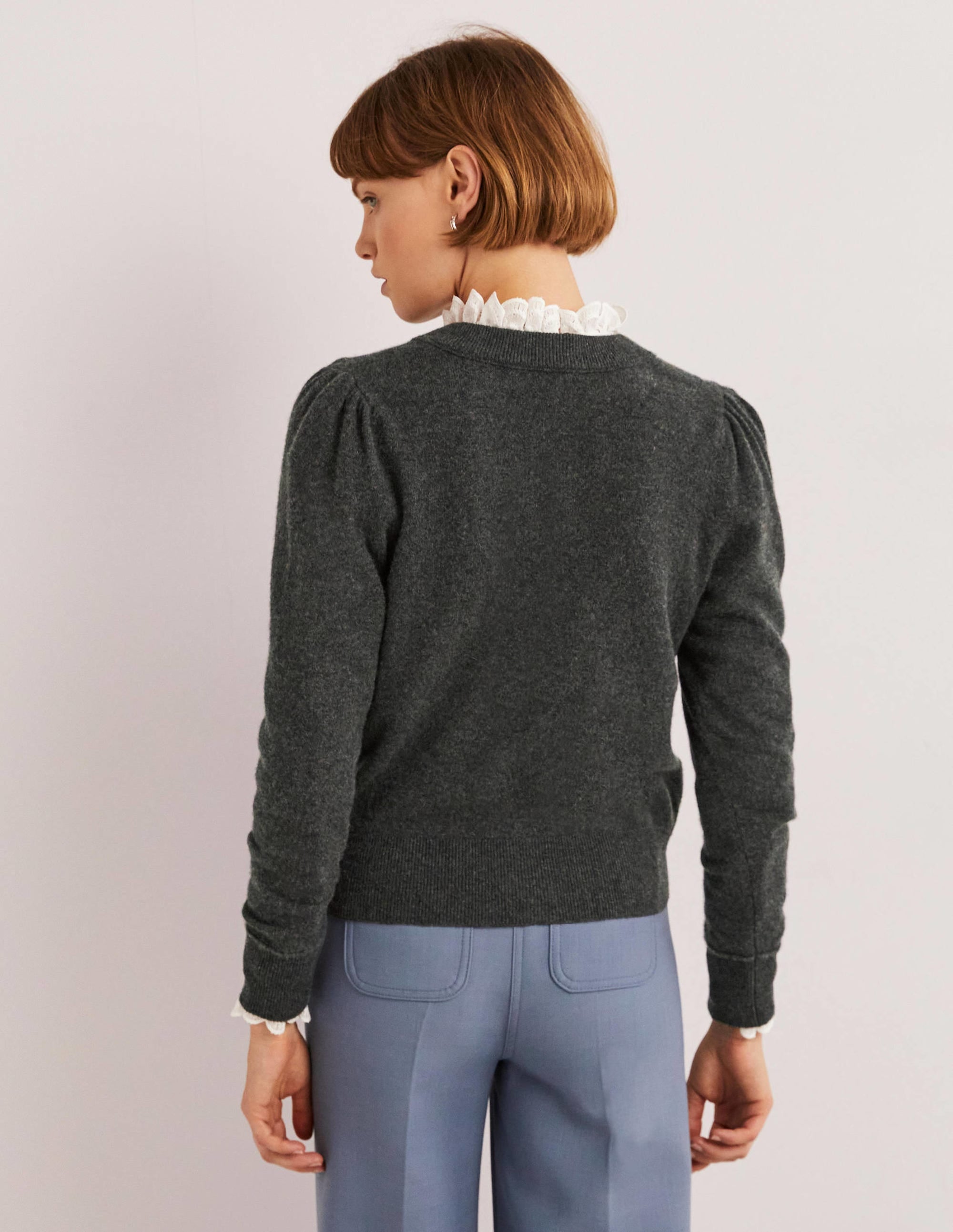 Cashmere Crew Neck Cardigan-Charcoal Melange - Image 3