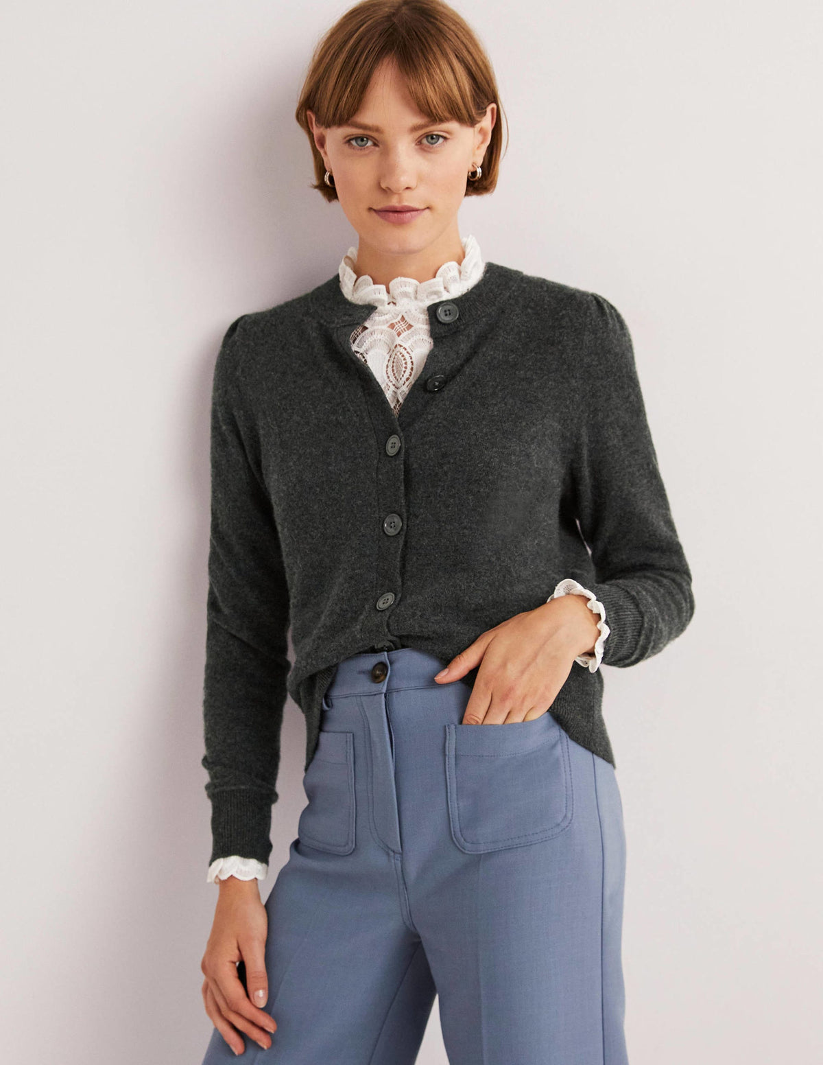 Cashmere Crew Neck Cardigan-Charcoal Melange-4