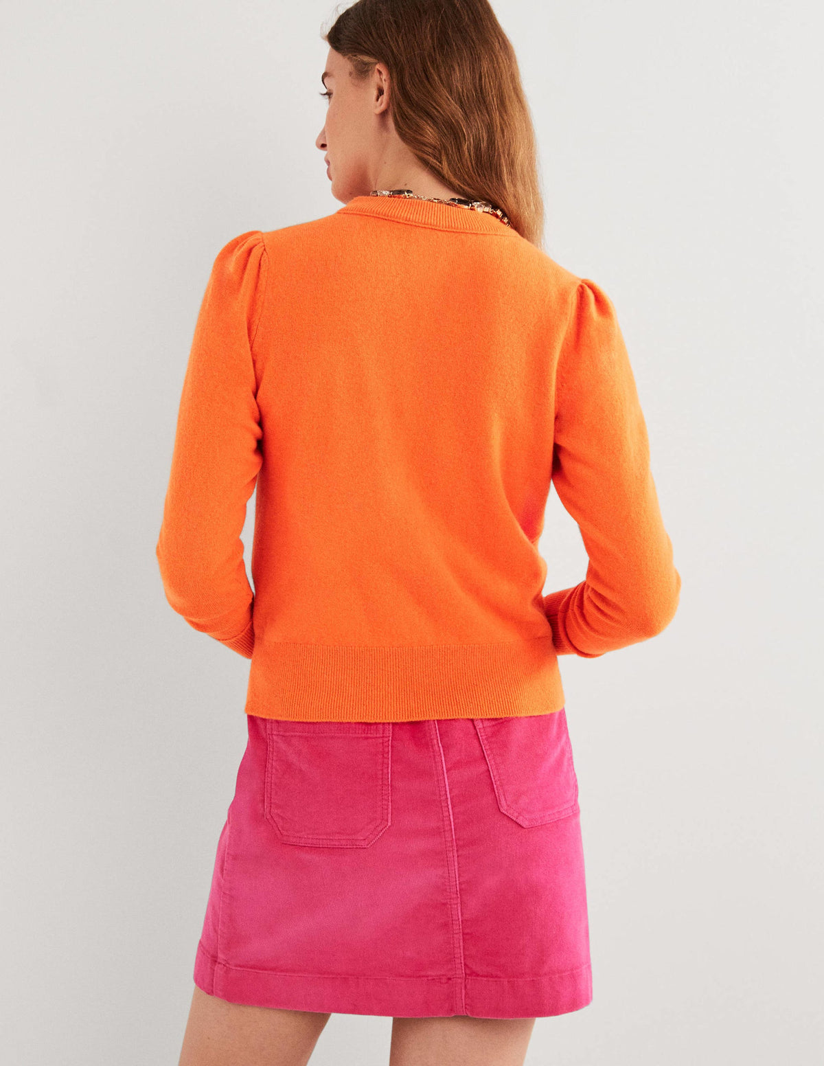 Cashmere Crew Neck Cardigan-Neon Orange-3