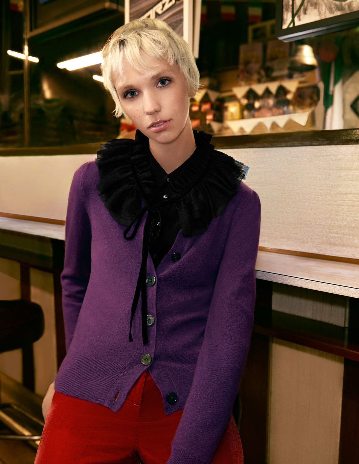 Cashmere Crew Neck Cardigan-Imperial Purple - Image 5