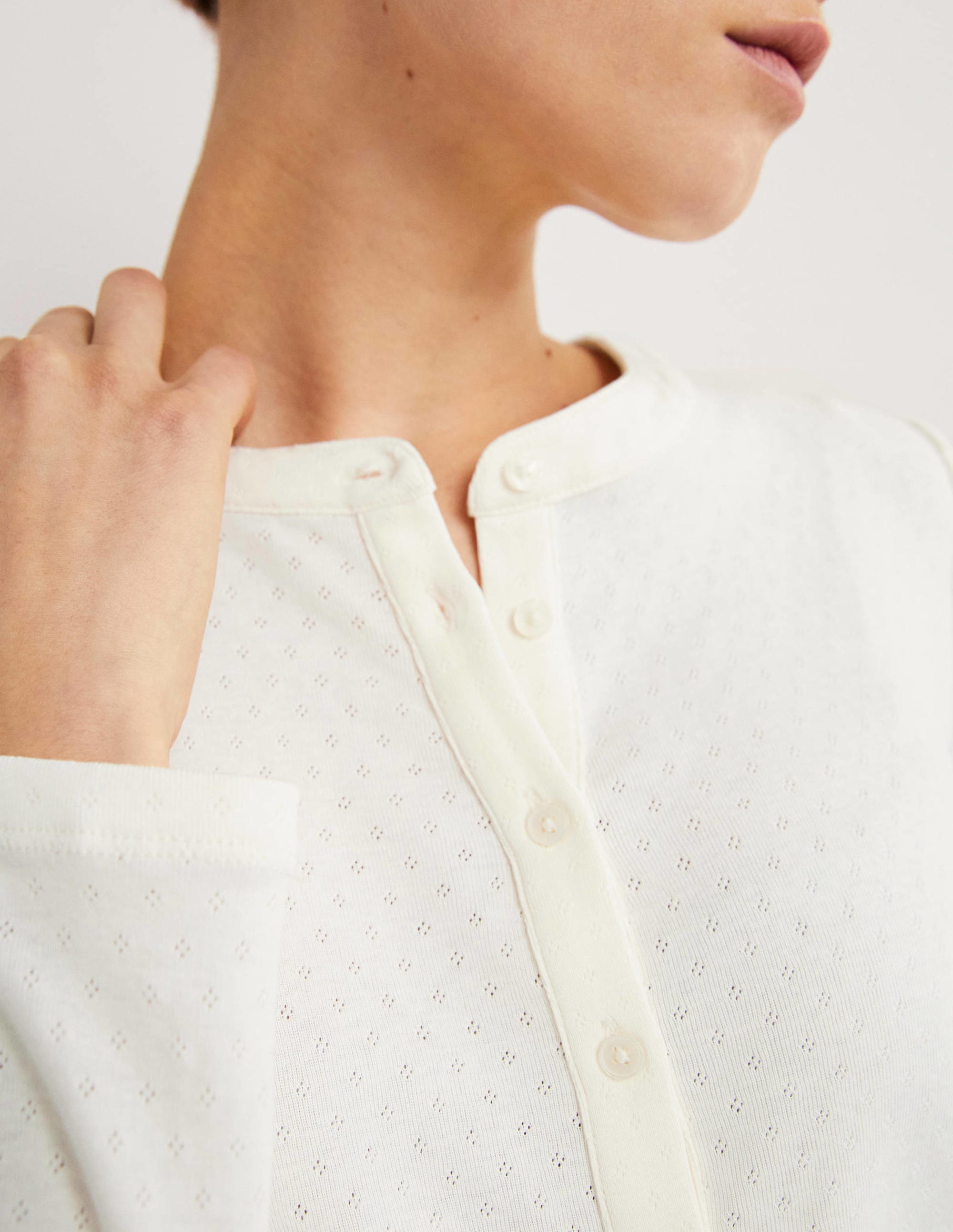 Jersey Puff Sleeve Henley-Ivory - Image 1