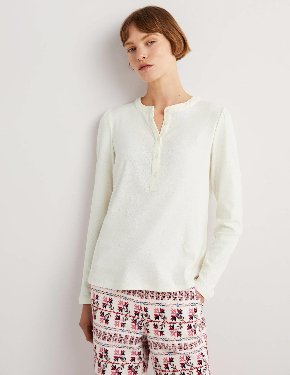 Jersey Puff Sleeve Henley-Ivory - Image 3
