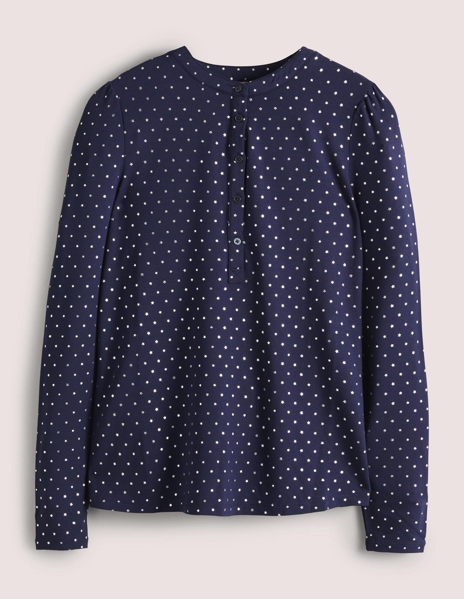 Jersey Puff Sleeve Henley-French Navy, Silver Star-5