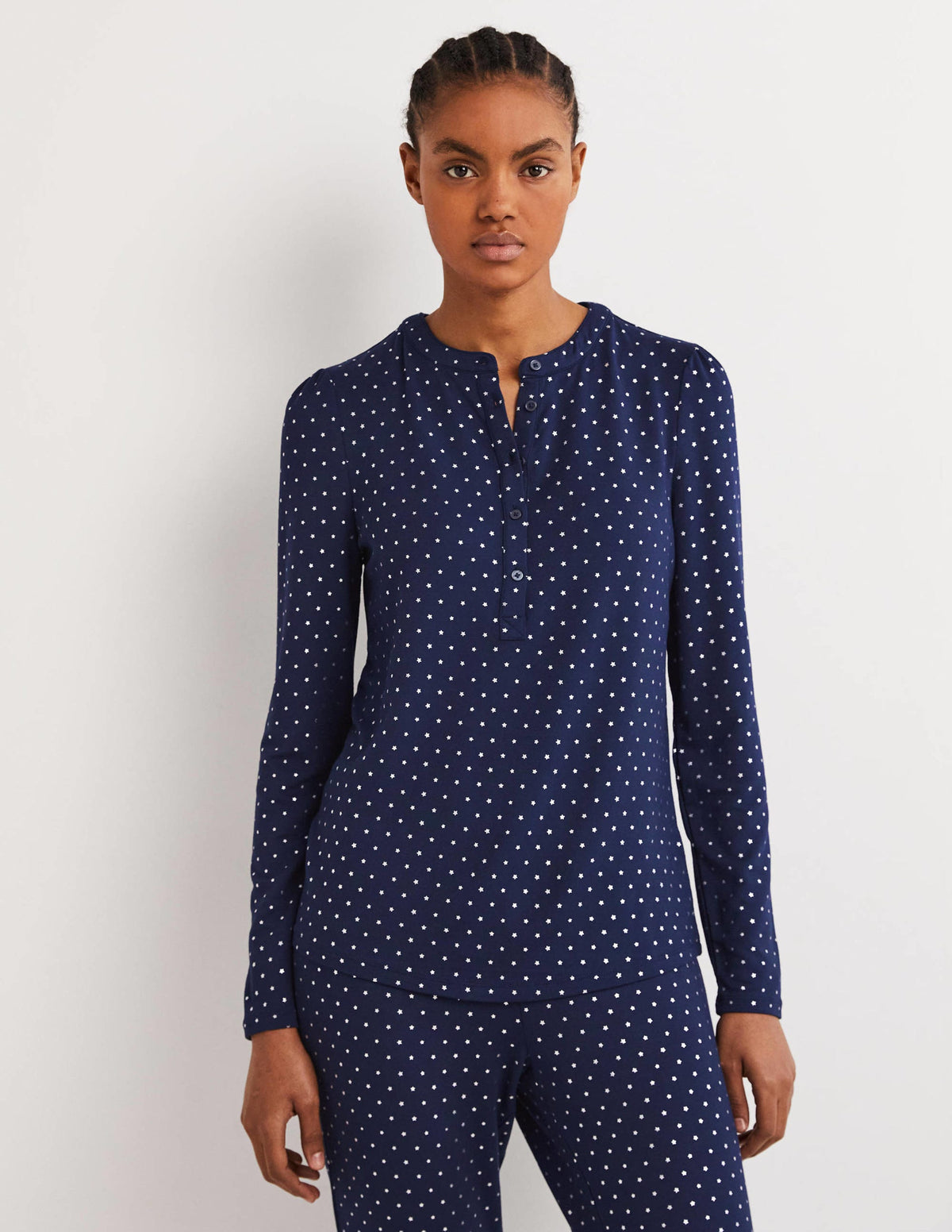 Jersey Puff Sleeve Henley-French Navy, Silver Star-1