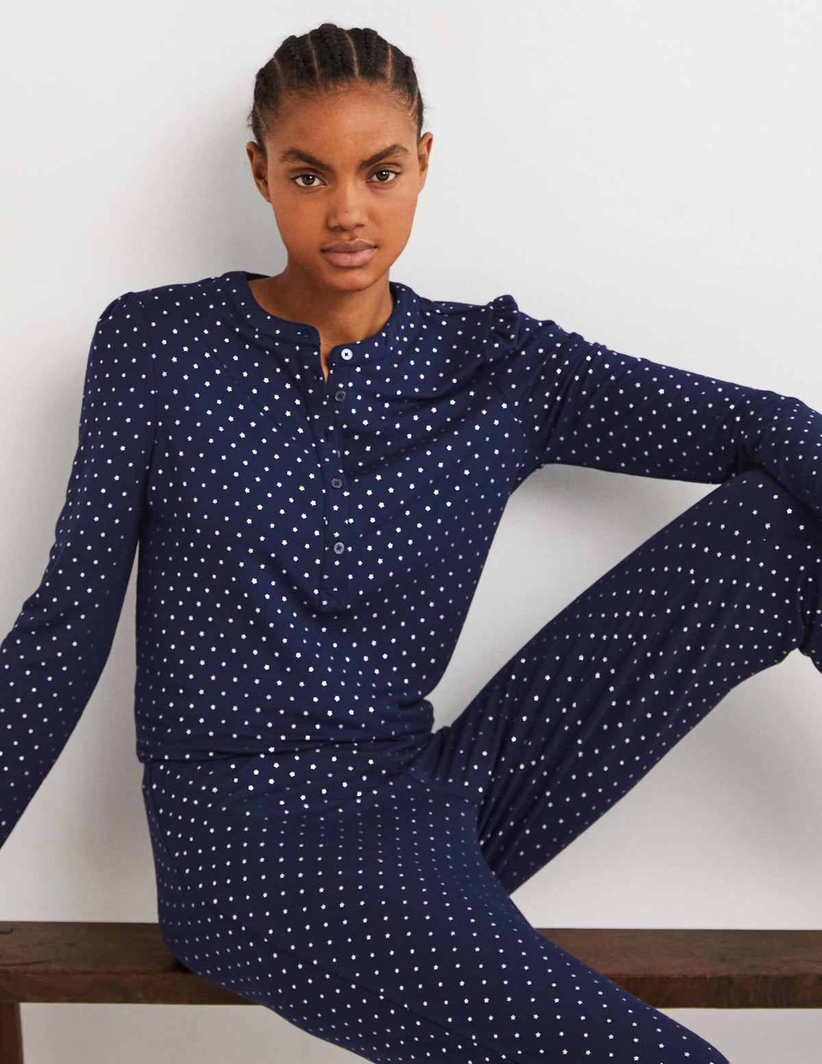 Jersey Puff Sleeve Henley-French Navy, Silver Star-4