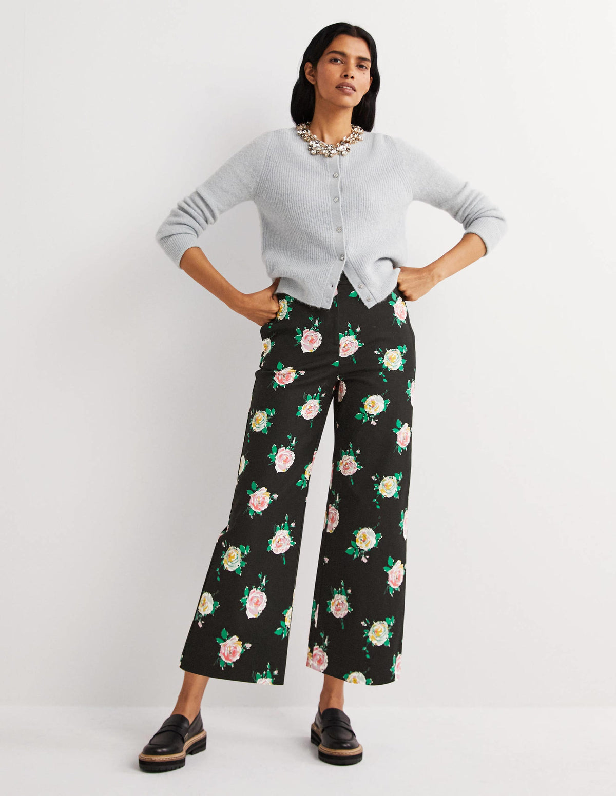 High Waisted Richmond Pants-Black, Painterly Rose - Image 1