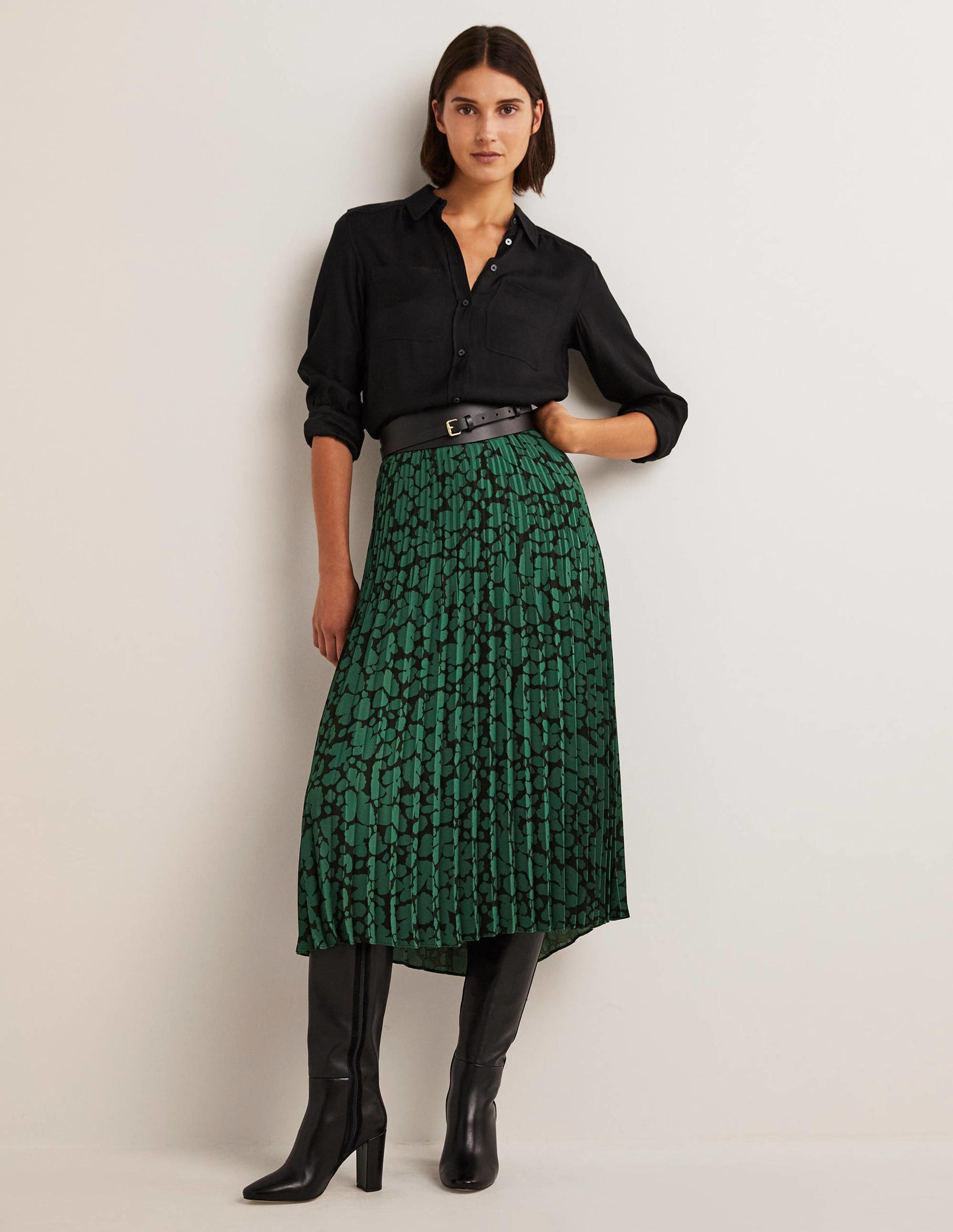 Pleated Crepe Midi Skirt-Hunter Green, Abstract Bud-1
