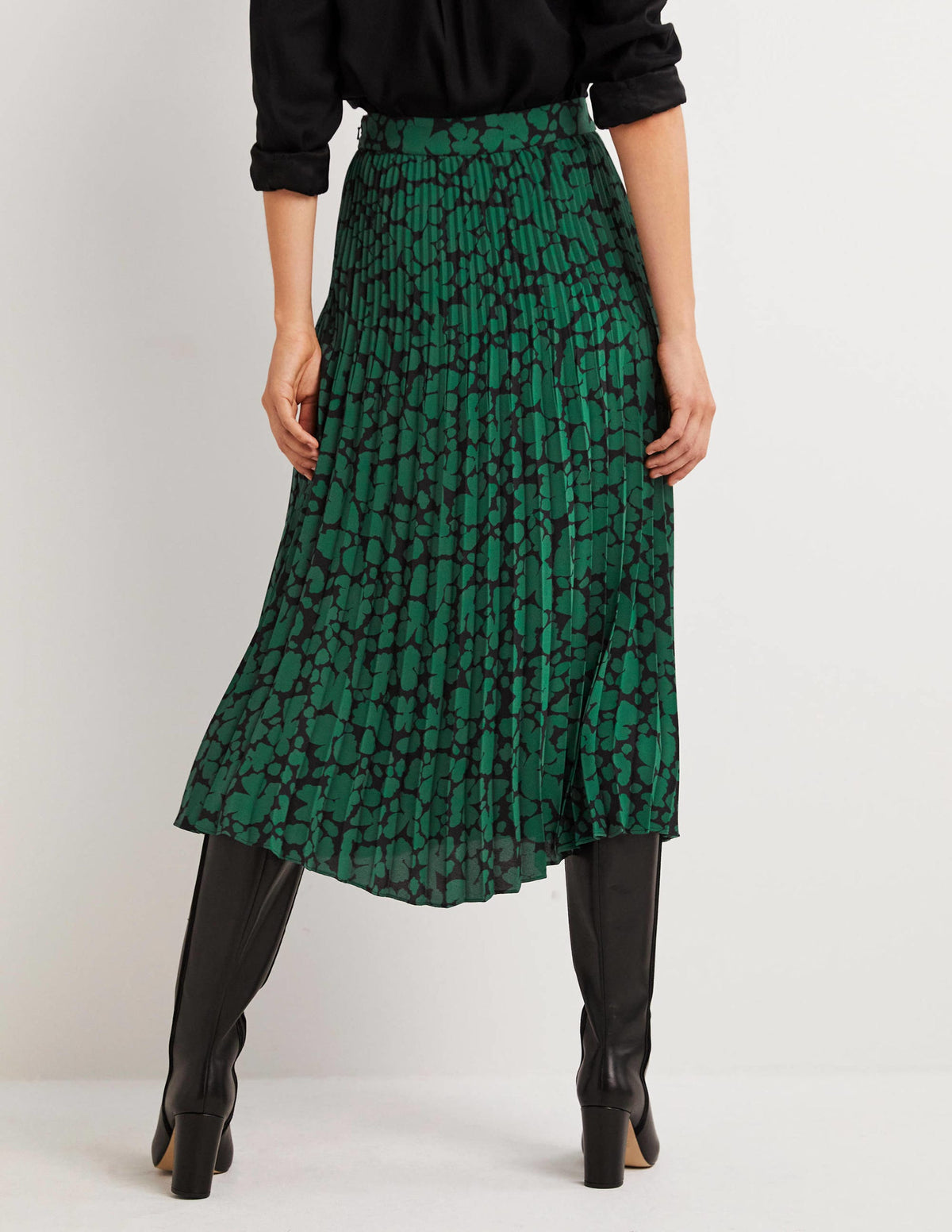 Pleated Crepe Midi Skirt-Hunter Green, Abstract Bud - Image 3