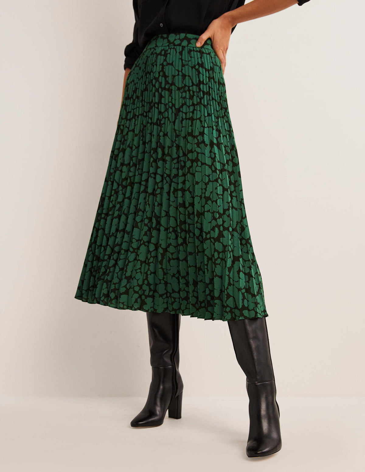Pleated Crepe Midi Skirt-Hunter Green, Abstract Bud - Image 4