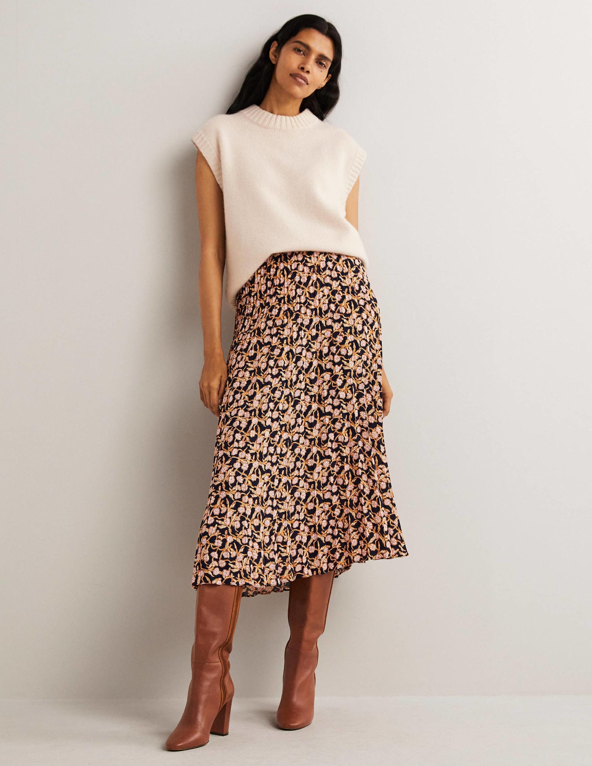 Pleated Crepe Midi Skirt-Multi, Petal Vine-1