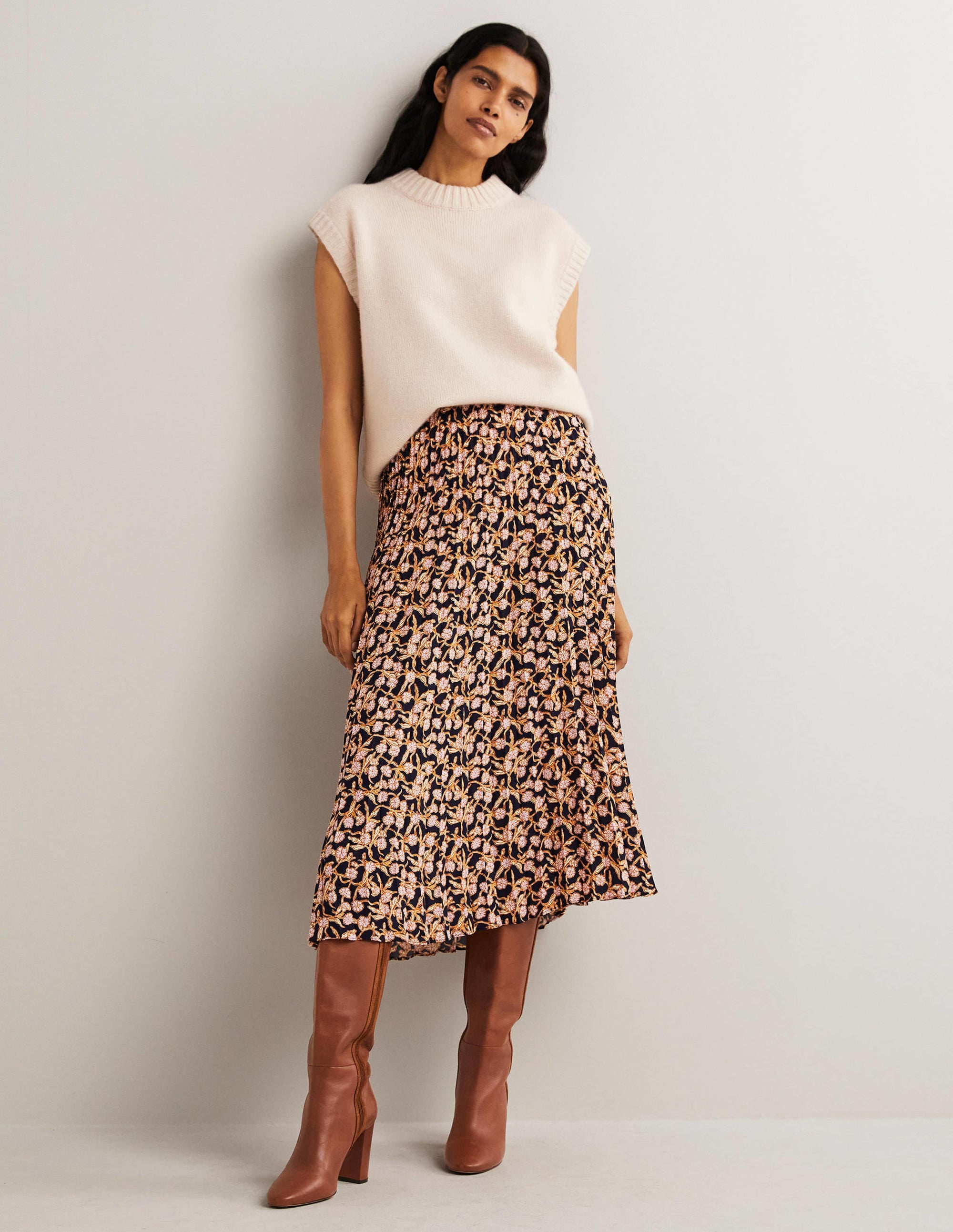 Pleated Crepe Midi Skirt-Multi, Petal Vine - Image 1