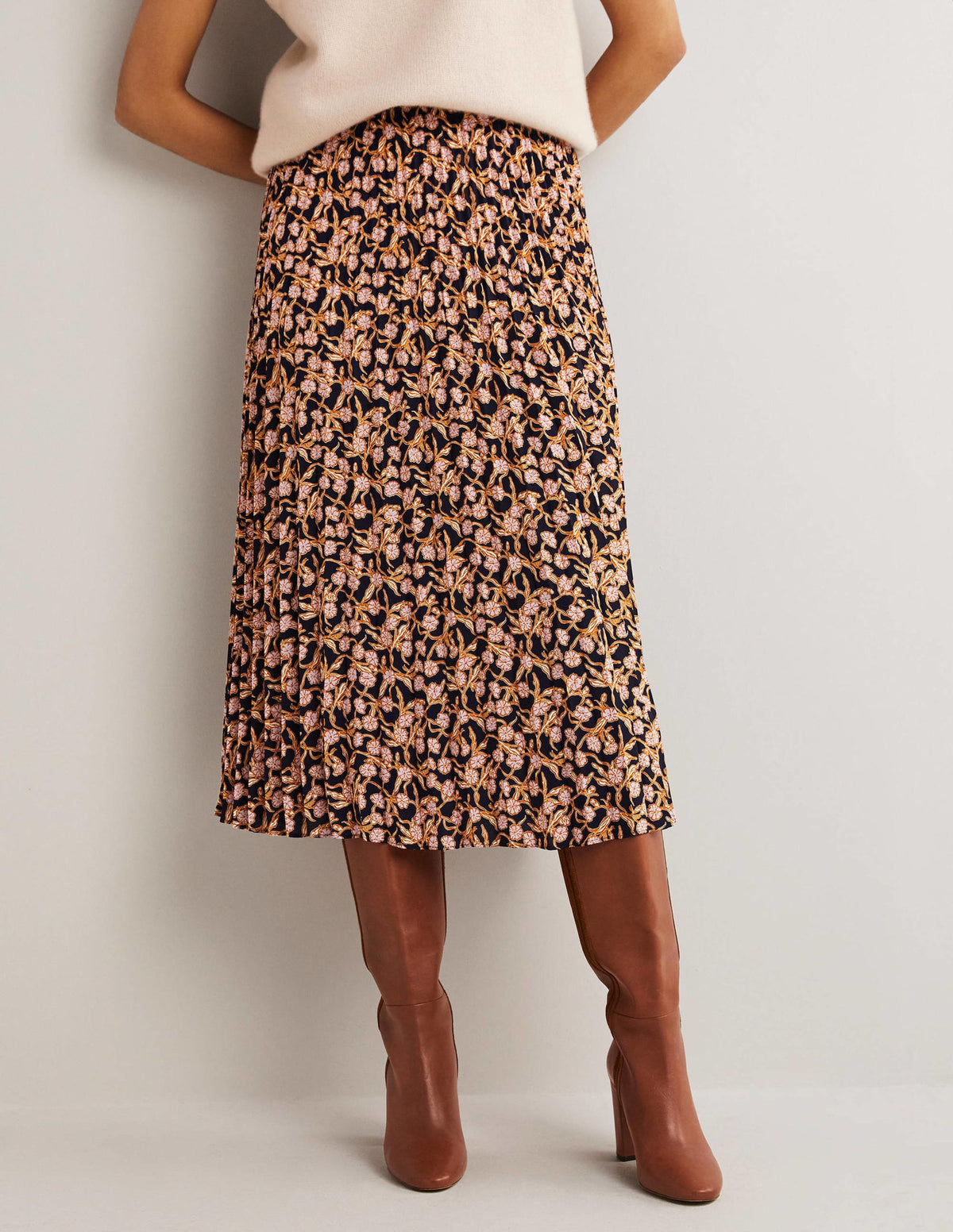 Pleated Crepe Midi Skirt-Multi, Petal Vine-4