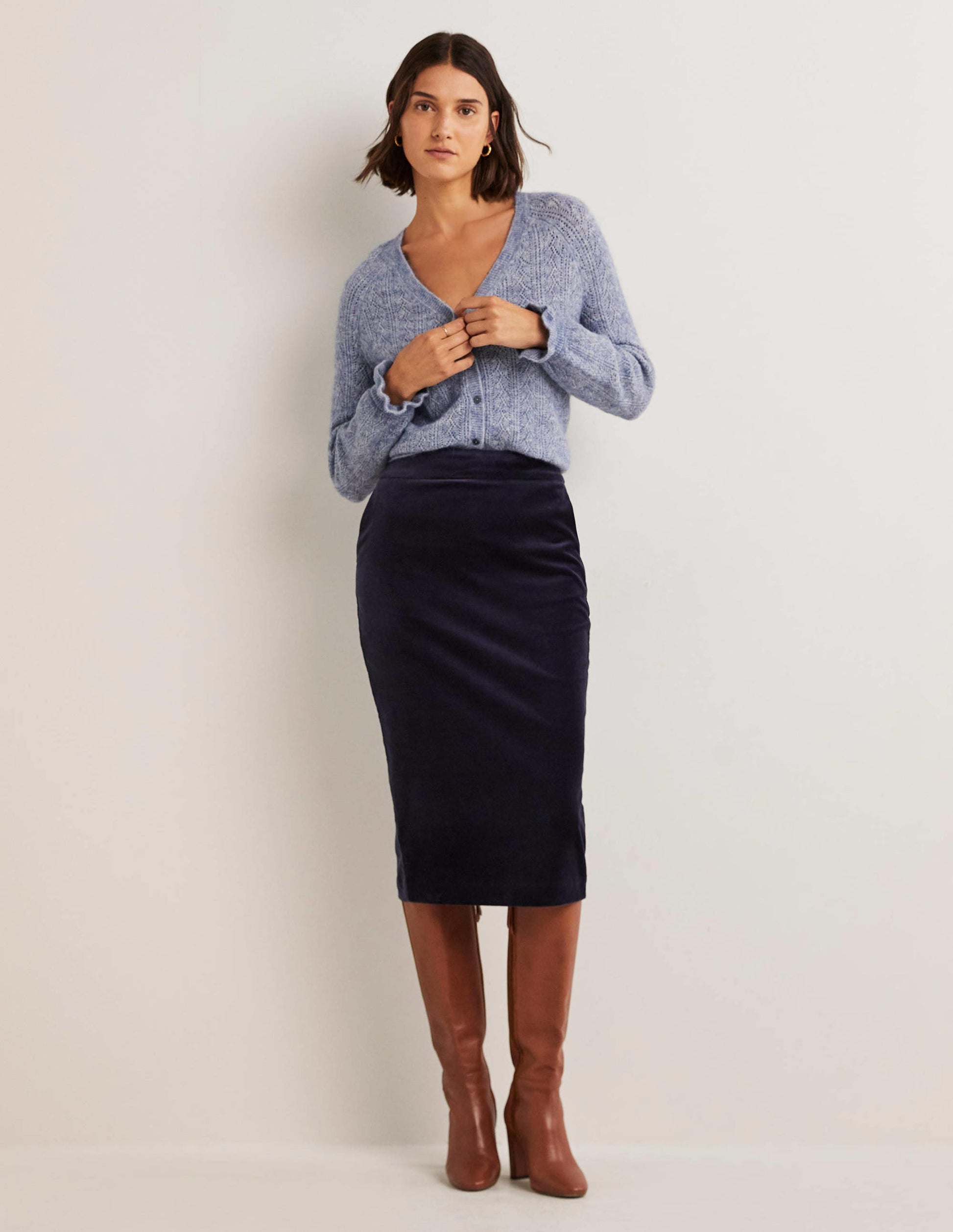 Velvet Midi Pencil Skirt-Navy-1