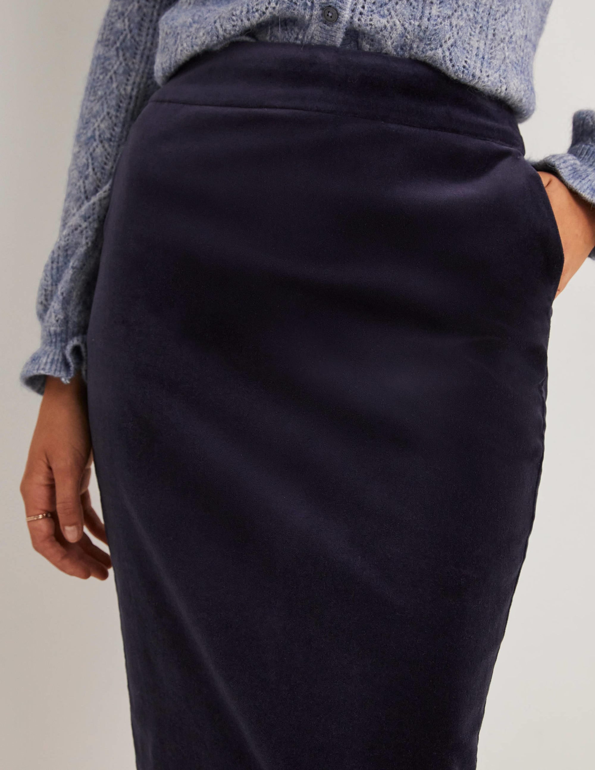 Velvet Midi Pencil Skirt-Navy - Image 2