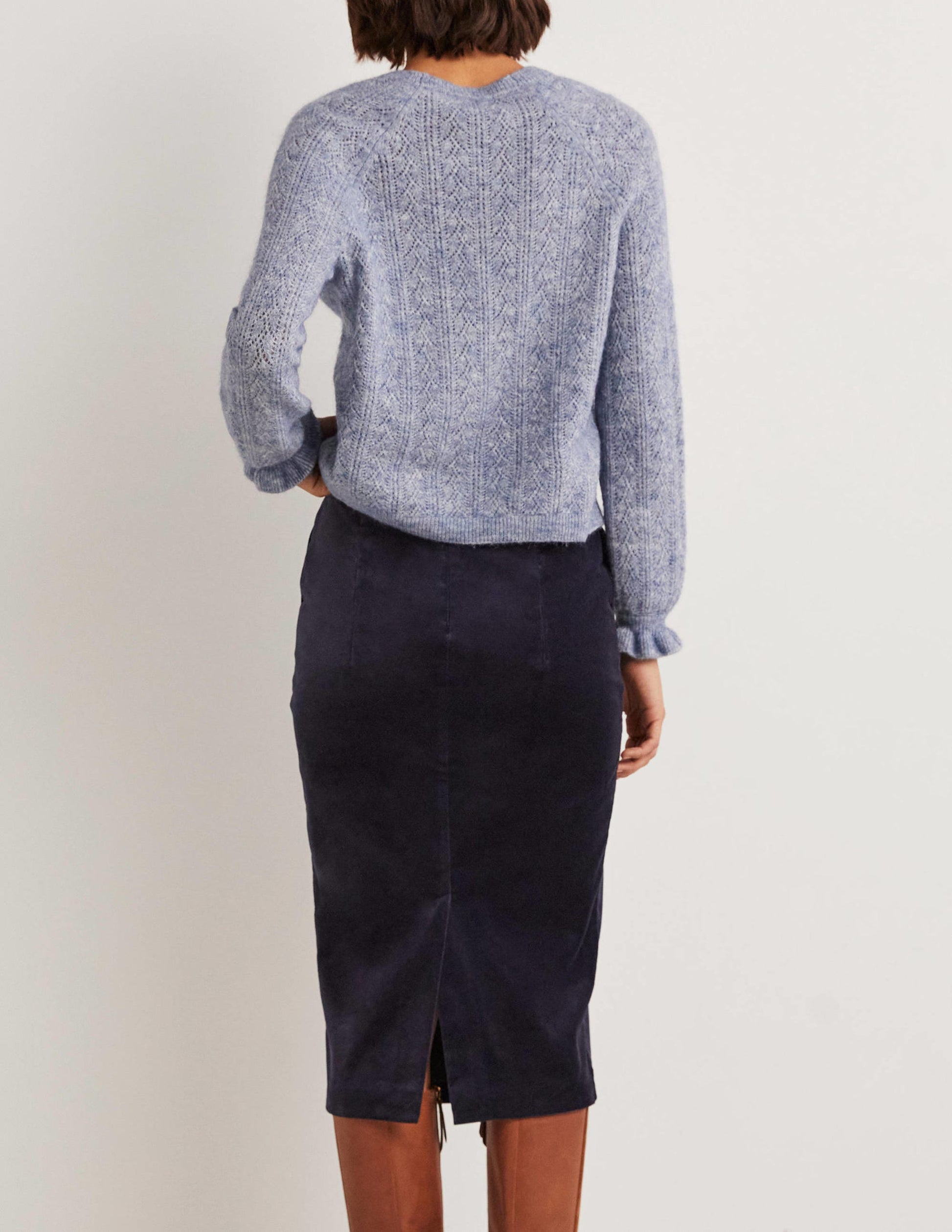 Velvet Midi Pencil Skirt-Navy-3